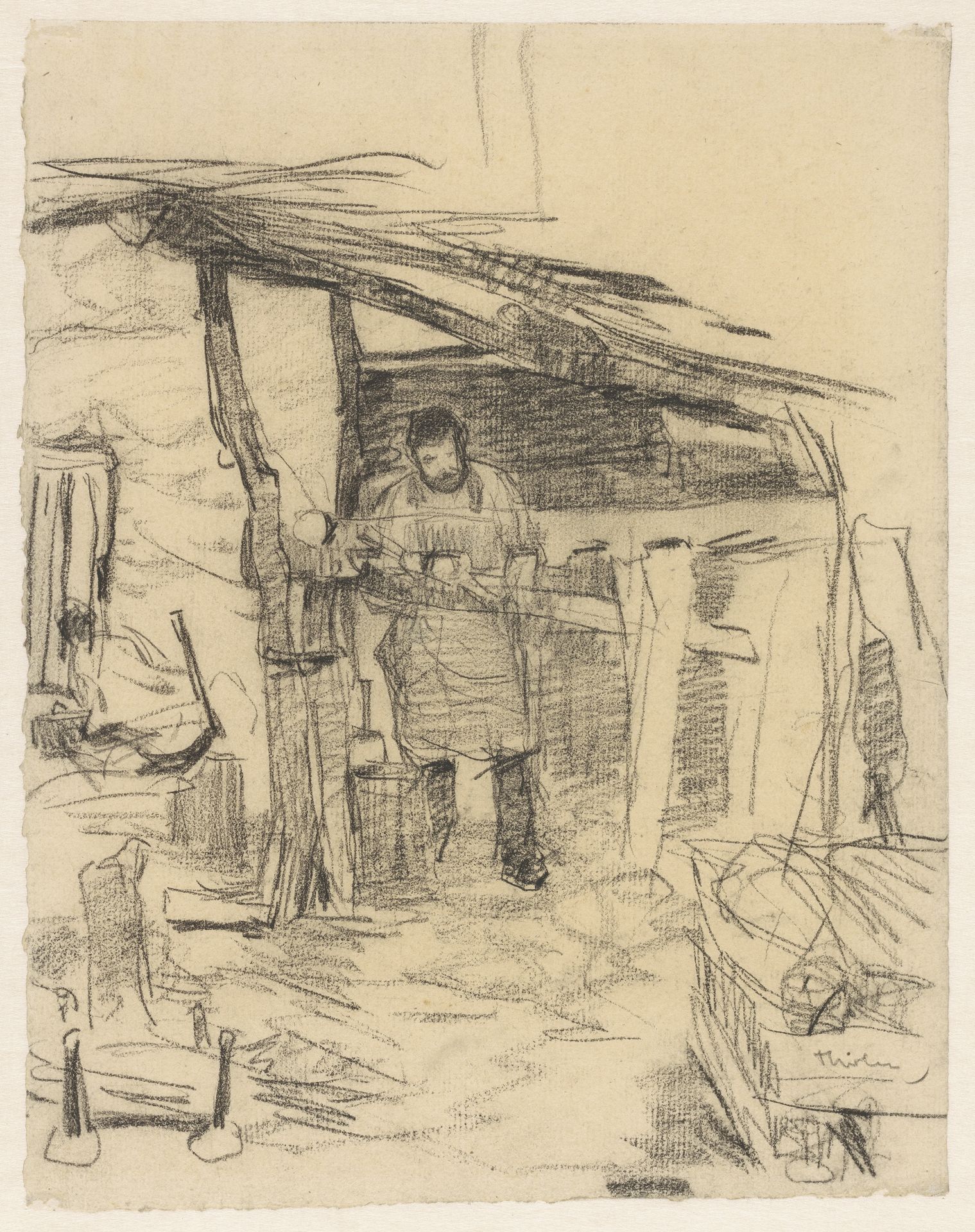 Timmerman bezig met het maken van een geraamte voor een schuur by Willem Bastiaan Tholen