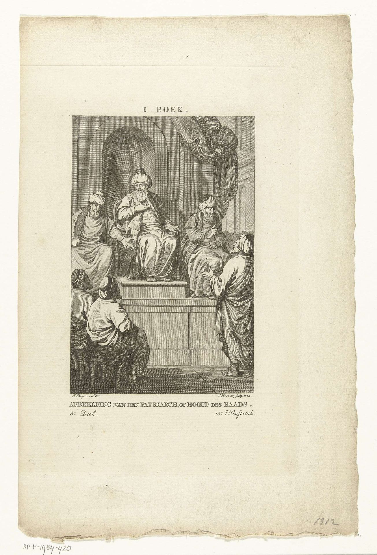 Een Joodse Patriarch zit op een troon en spreekt tot zijn volk by Cornelis Brouwer