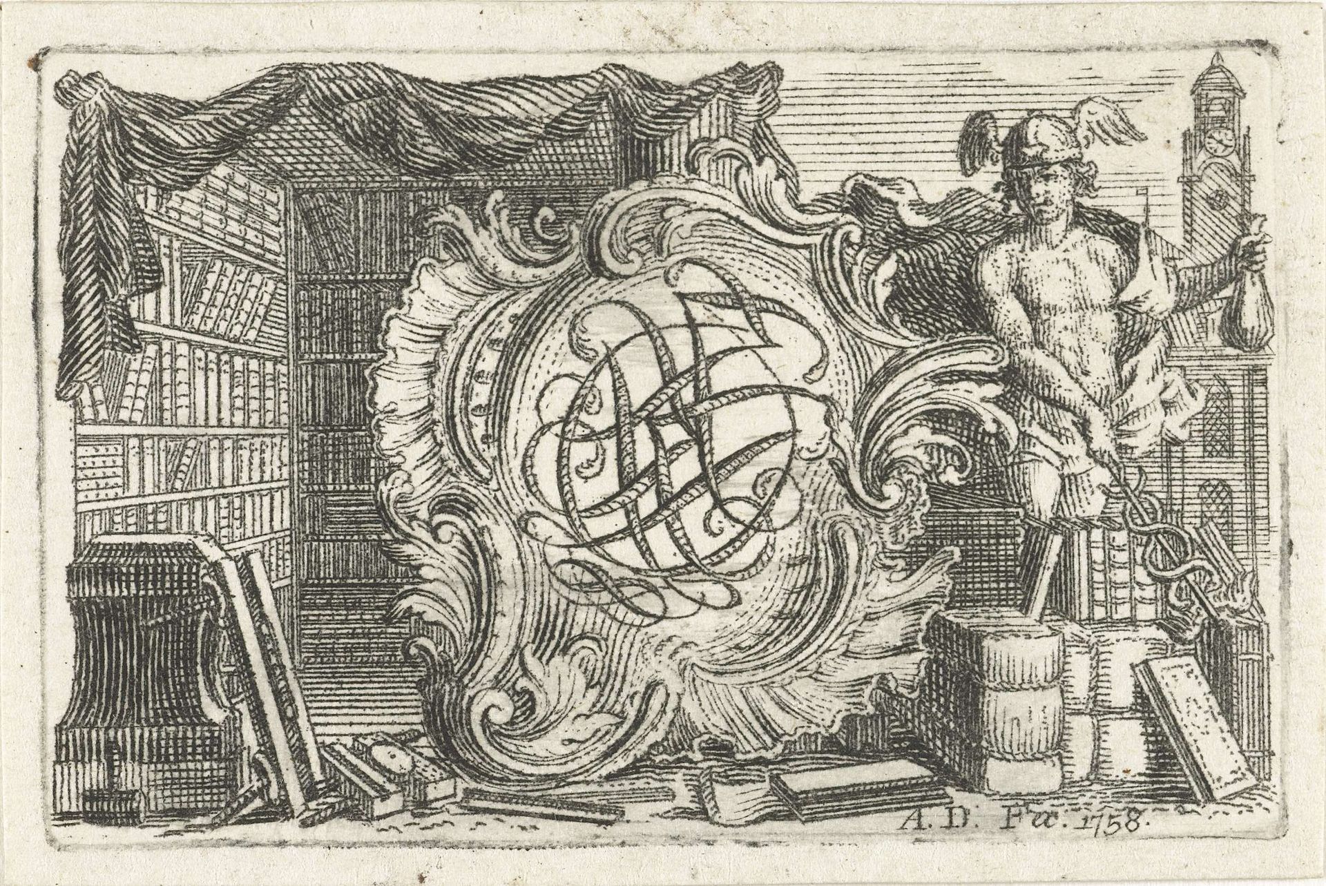 Vignet met monogram in cartouche geflankeerd door Mercurius en interieur van bibliotheek by Abraham Delfos