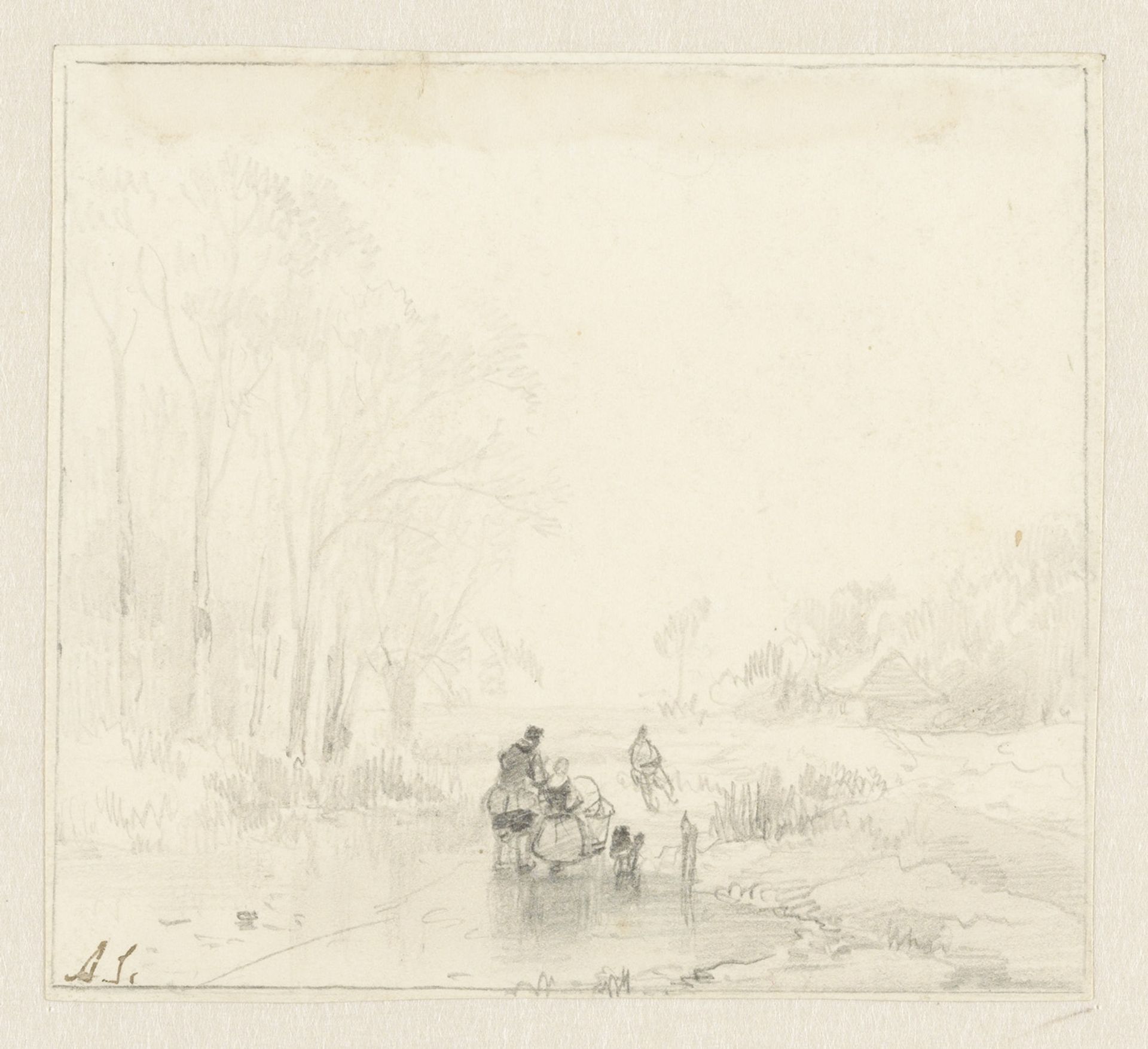 Winterlandschap met mensen op het ijs by Andreas Schelfhout