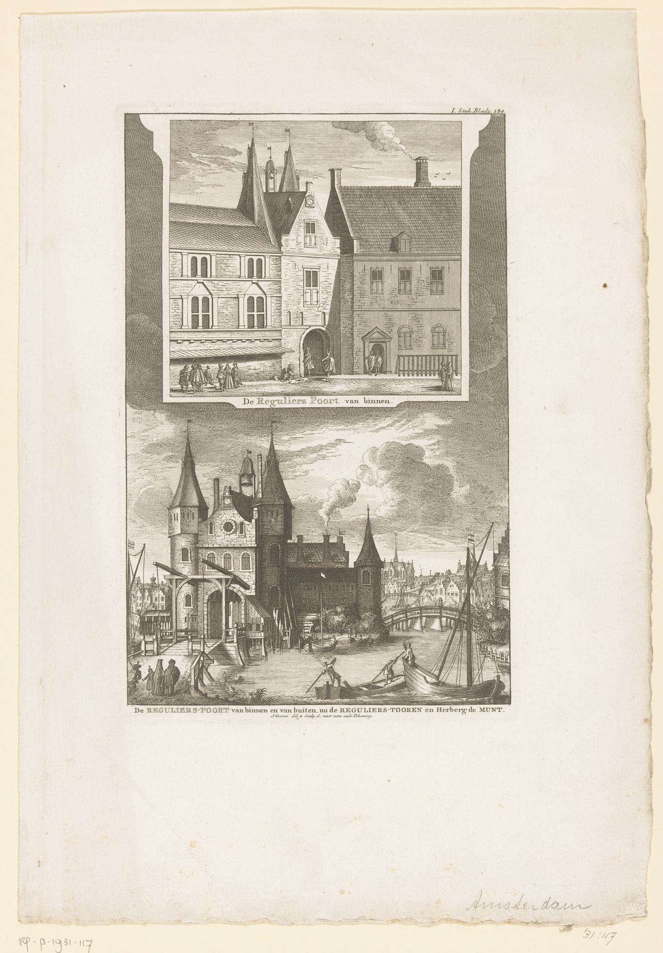 Gezichten op de buiten- en binnenzijde van de Regulierspoort in Amsterdam by Jan Goeree