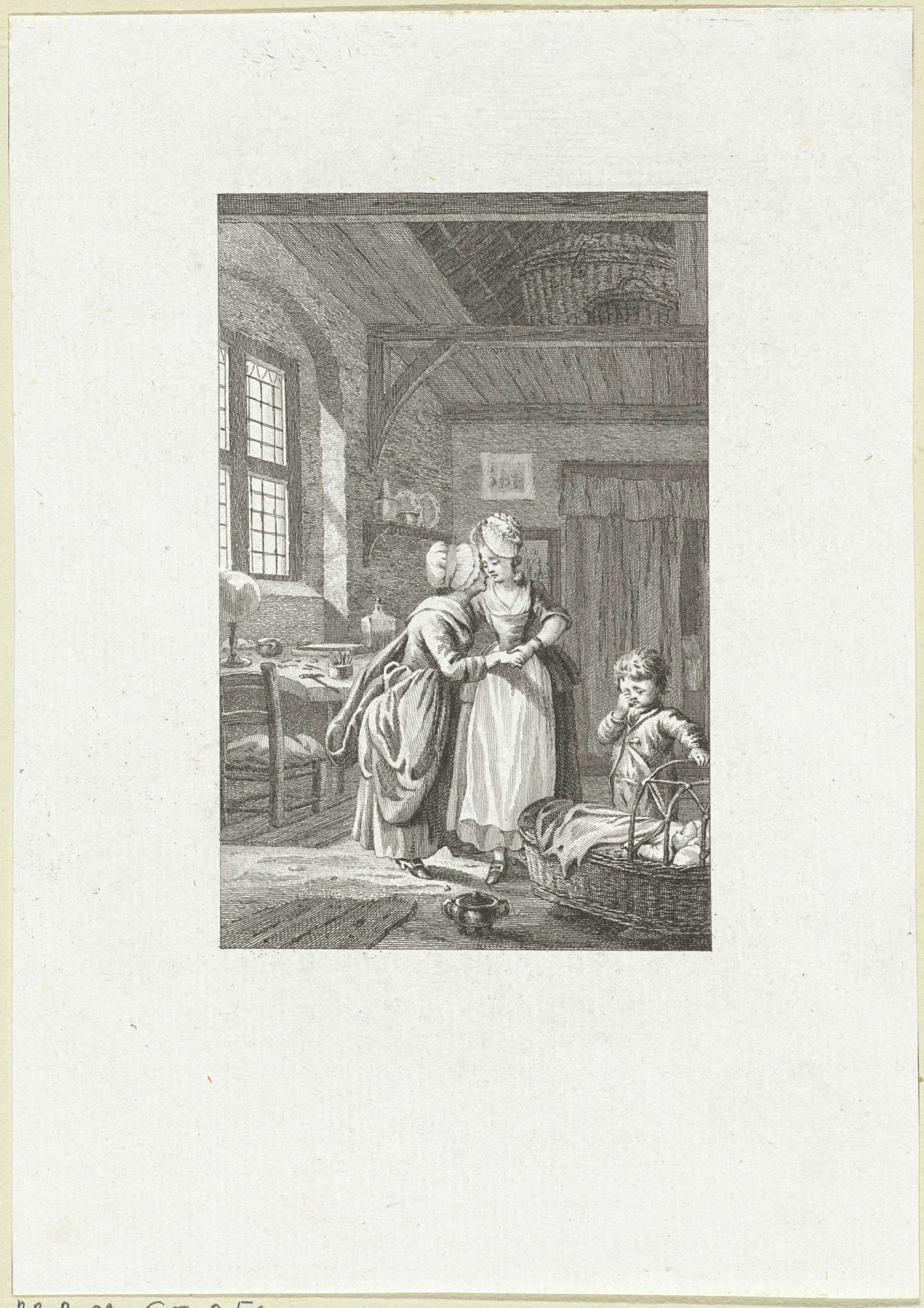 In een bescheiden interieur fluistert een vrouw een andere vrouw iets in het oor by Reinier Vinkeles