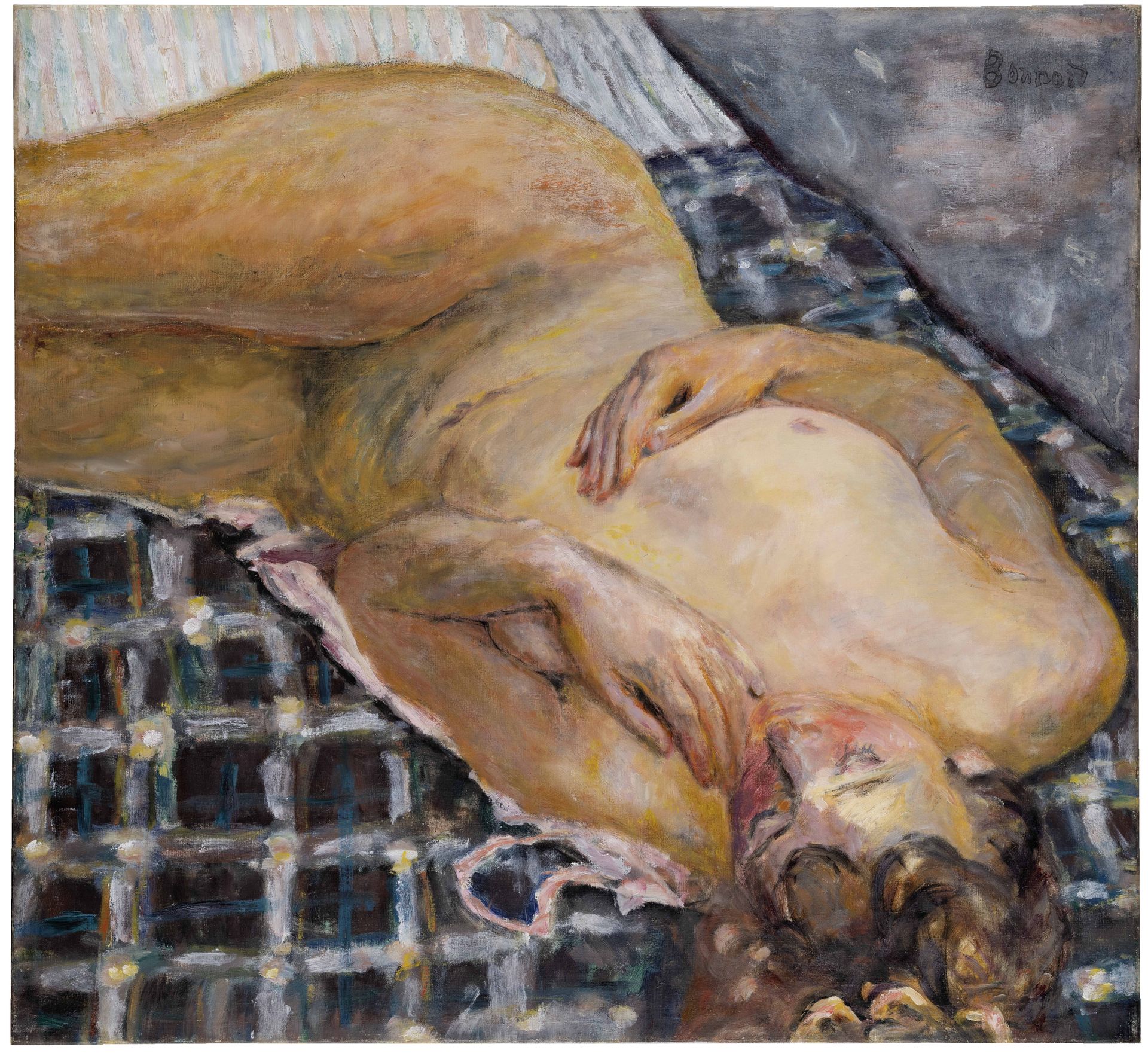 Reclining Nude against a White and Blue Plaid by Pierre Bonnard
