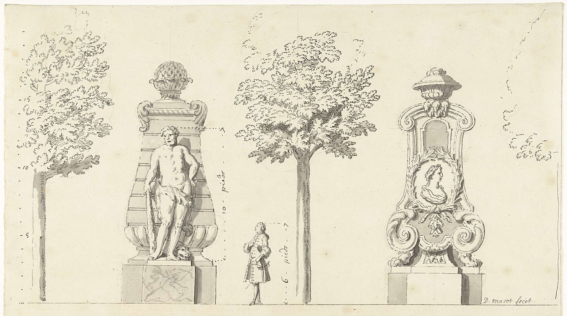 Ontwerpen voor twee tuinornamenten by Daniël (II) Marot