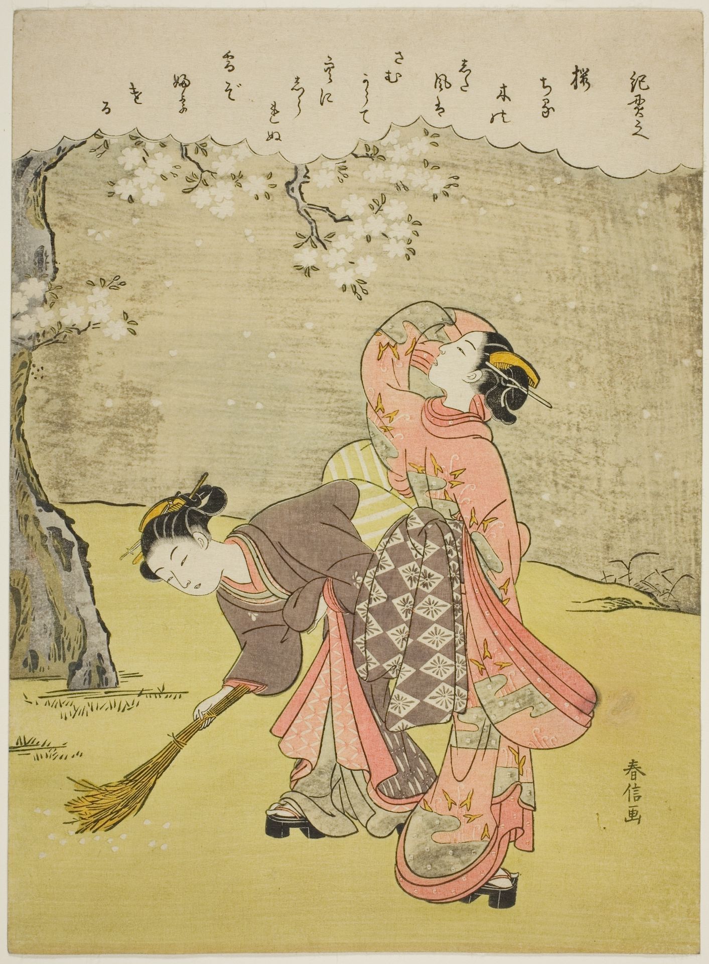 Poem by Ki no Tsurayuki, from an untitled series of Thirty-Six Immortal Poets by Suzuki Harunobu 鈴木春信