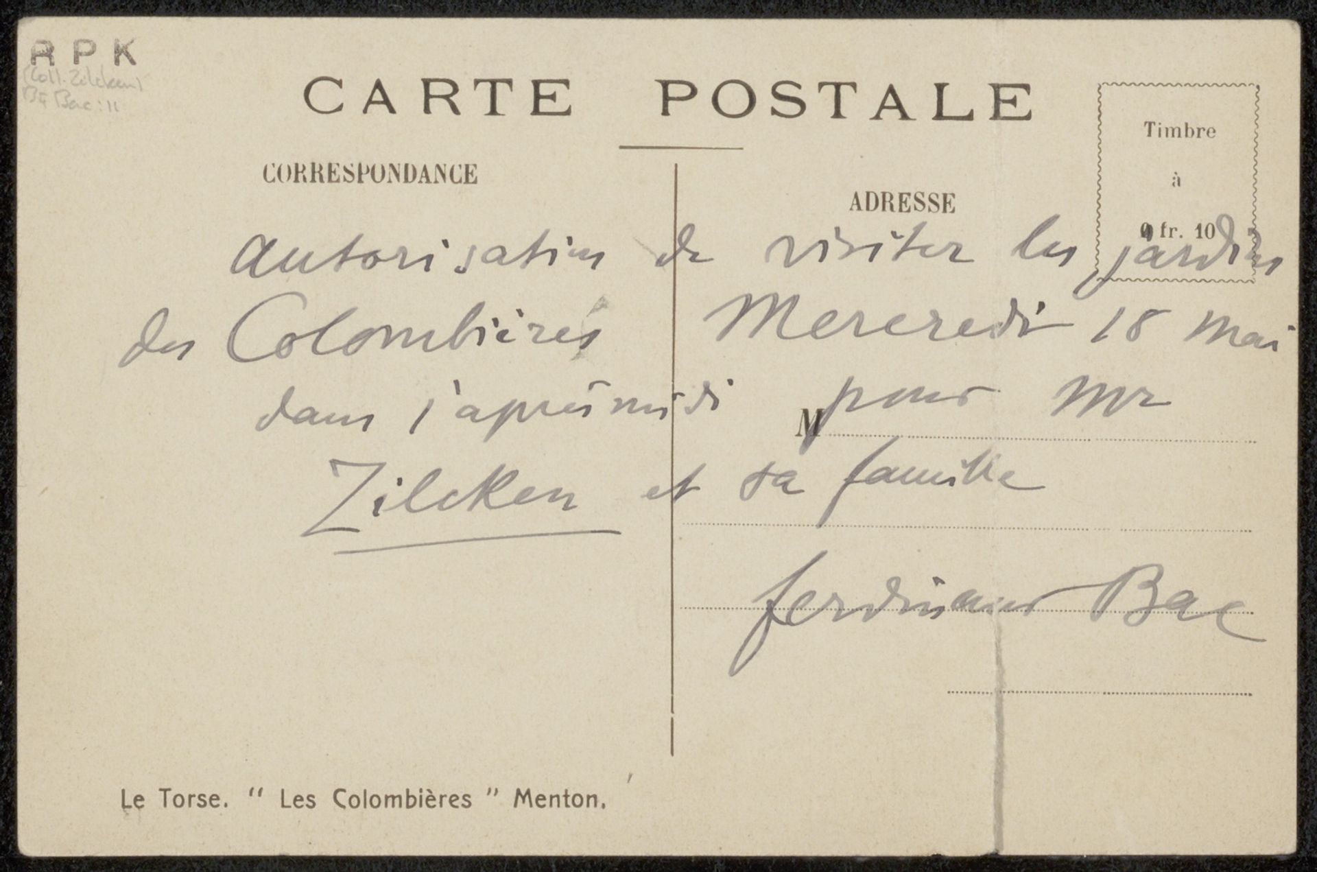 Prentbriefkaart aan Philip Zilcken by Ferdinand-Sigismund Bac