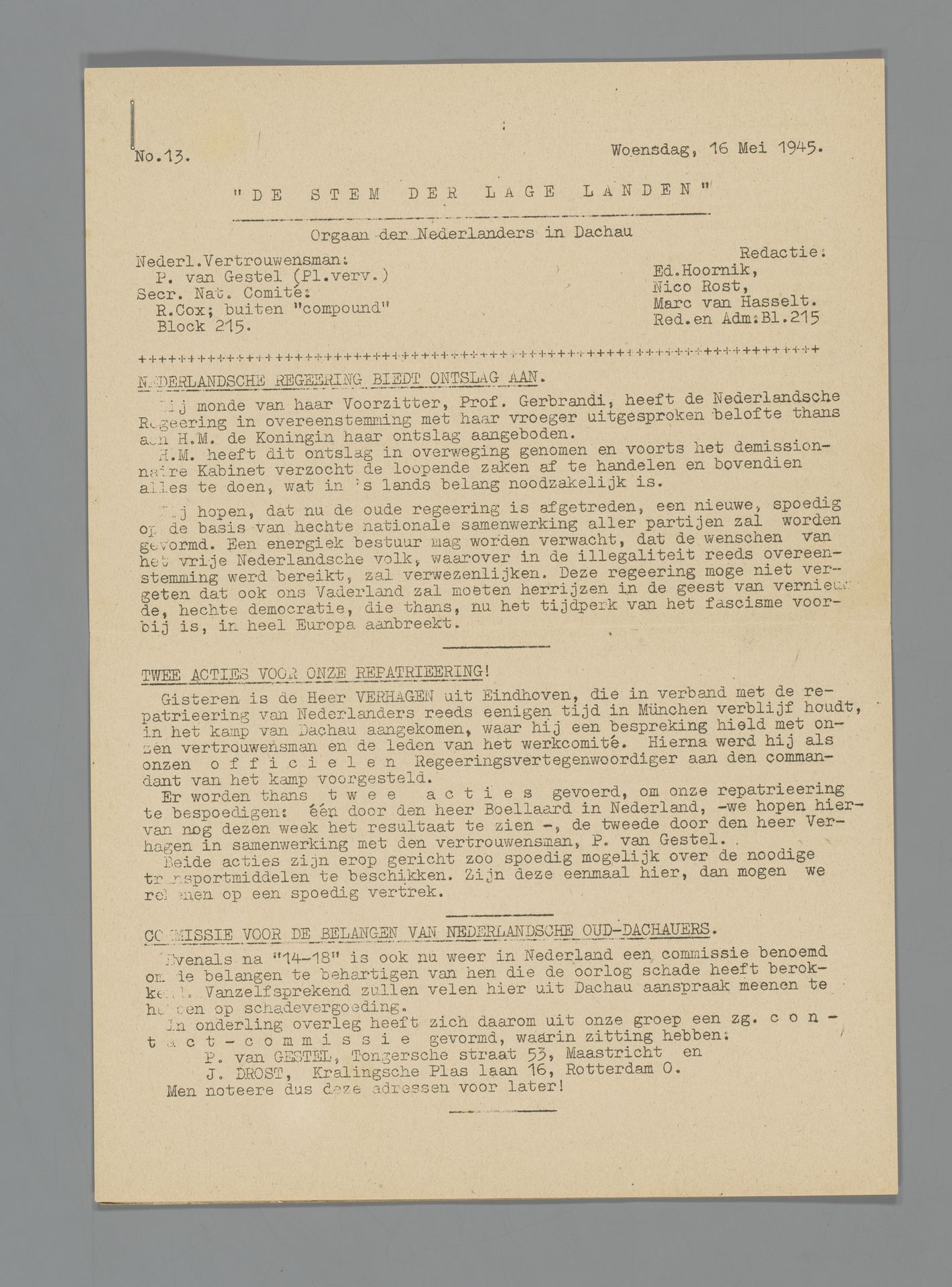 De stem der lage landen, nr. 13, 16 mei 1945 by Ed. Hoornik