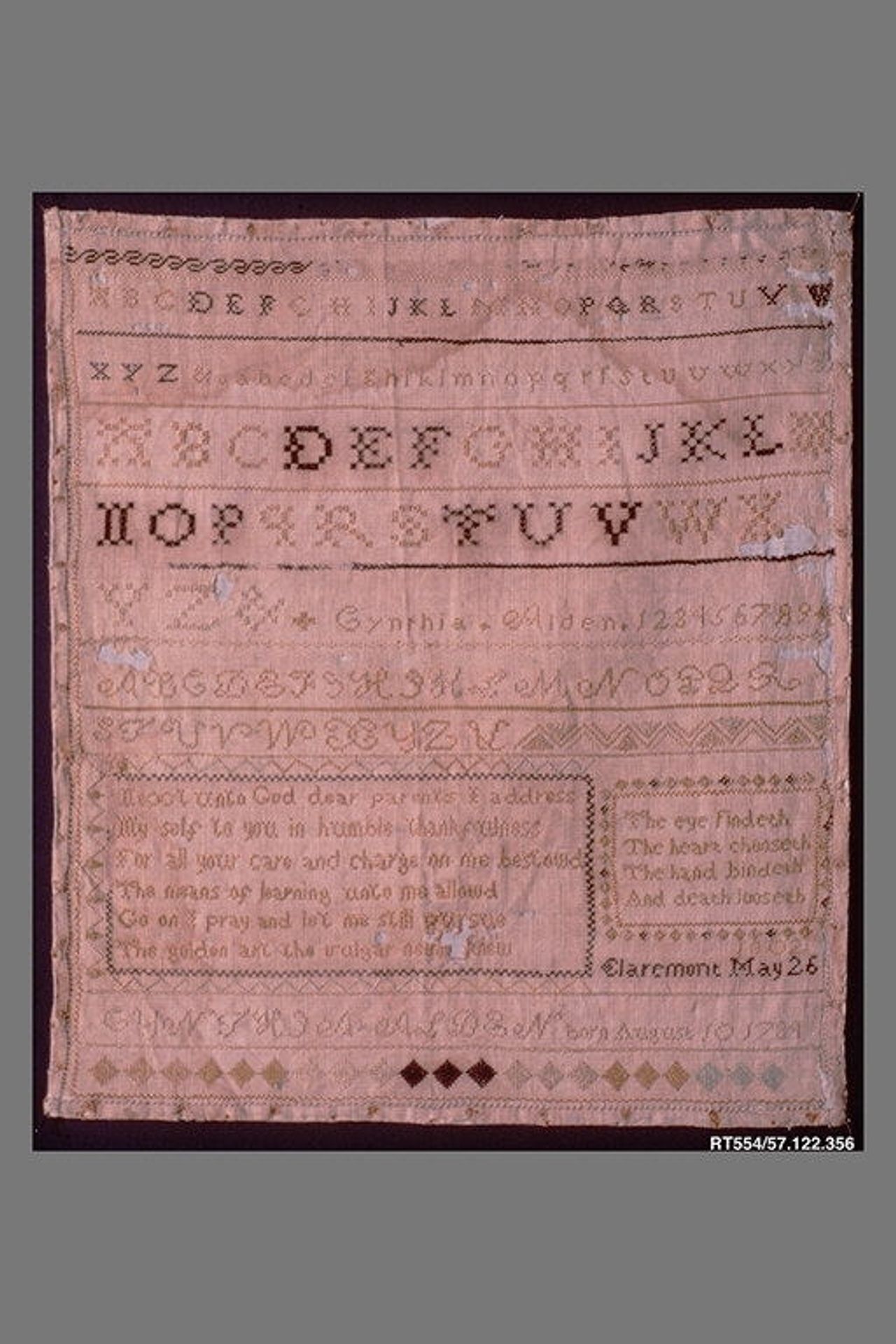 Embroidered sampler by Cynthia Alden