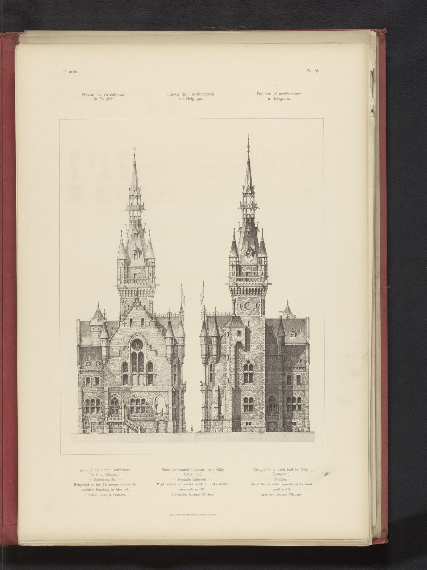 Reproductie van een ontwerp van een zijaanzicht van een stadhuis voor Gilly, België, door Jean-Jacques Winders by Römmler & Jonas