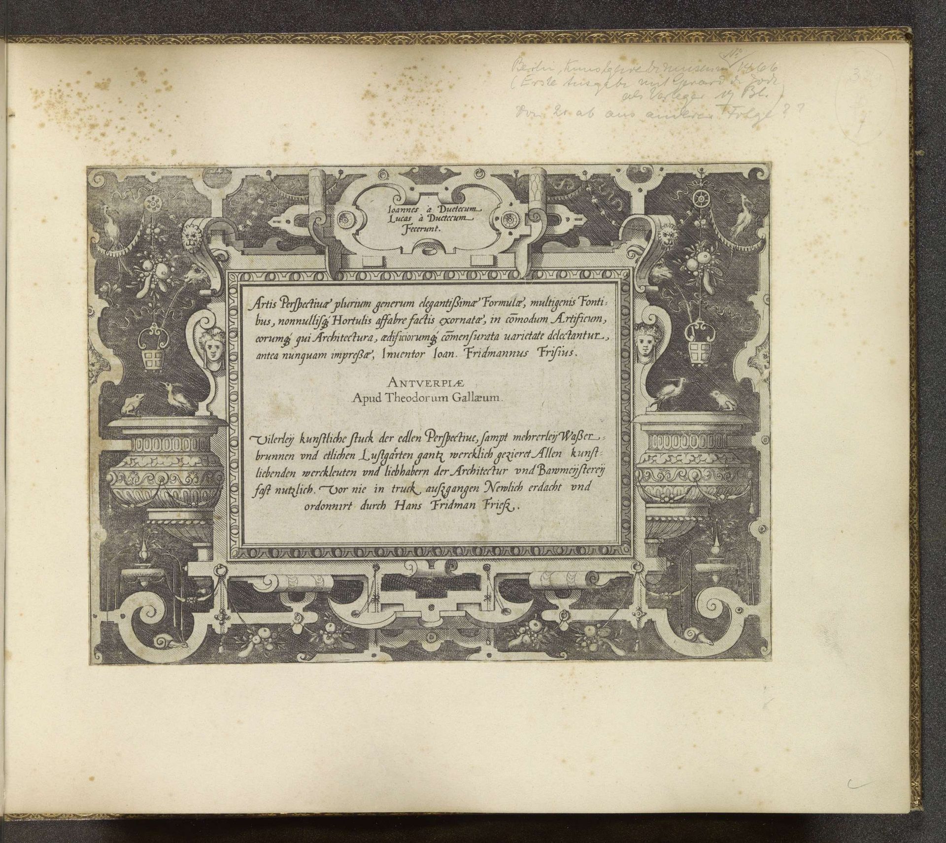 Titel in ornamentele lijst met aan beide zijkanten een vat met een kikker en vogel op de rand by Johannes of Lucas van Doetechum