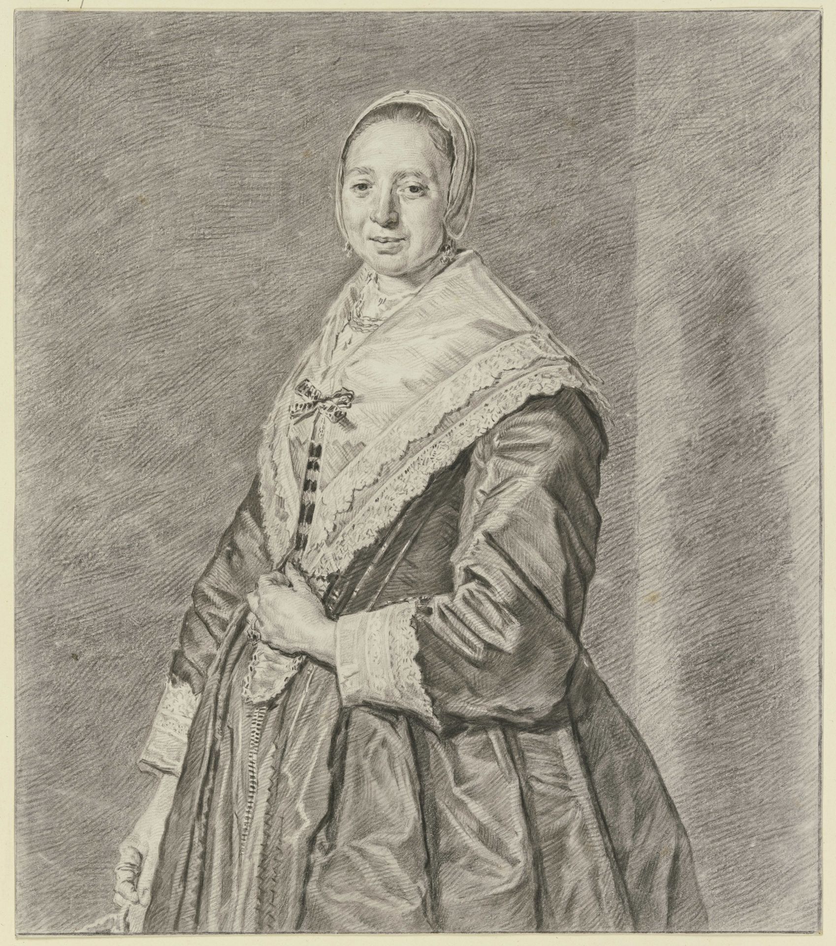 Eine ältliche Dame nach links gewandt mit Häubchen und Spitzenhalstuch by Hendrik Pothoven