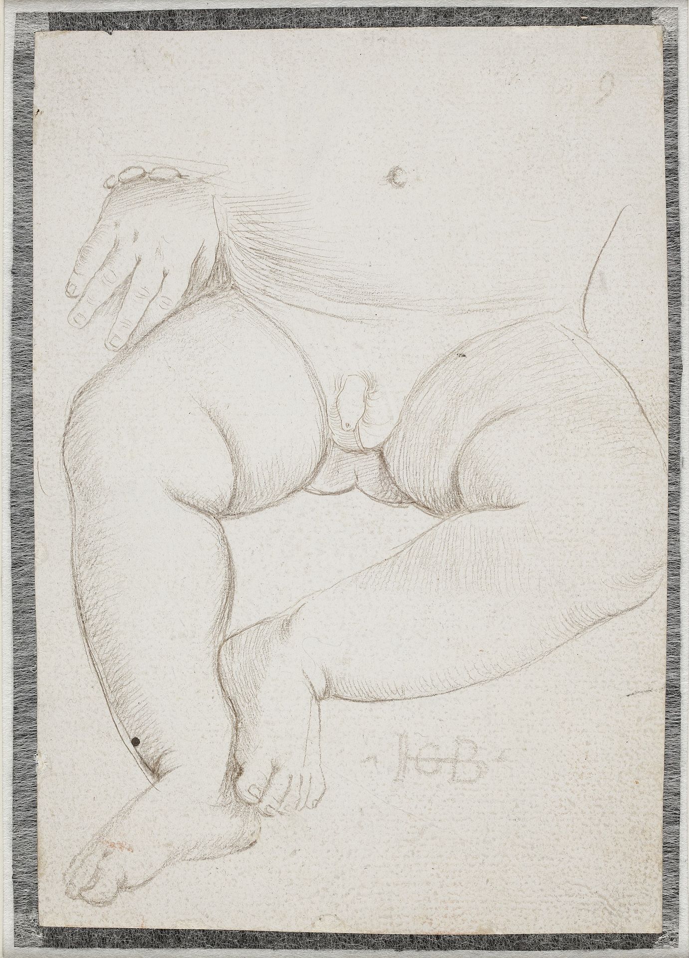 A small boy's stomach, lap, leg and one hand with bracelet by Hans Baldung