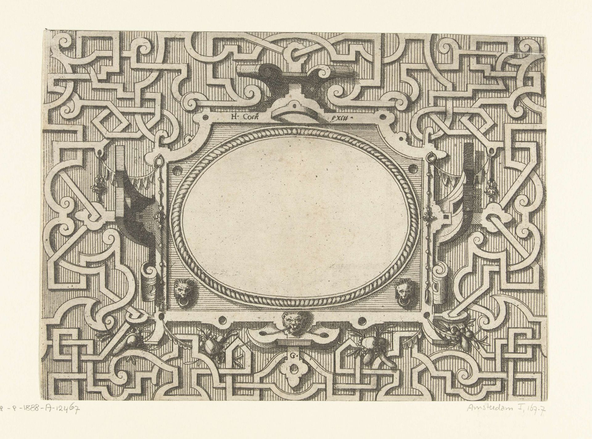 Ovale cartouche met een koordrand, omgeven door moresken by Johannes of Lucas van Doetechum