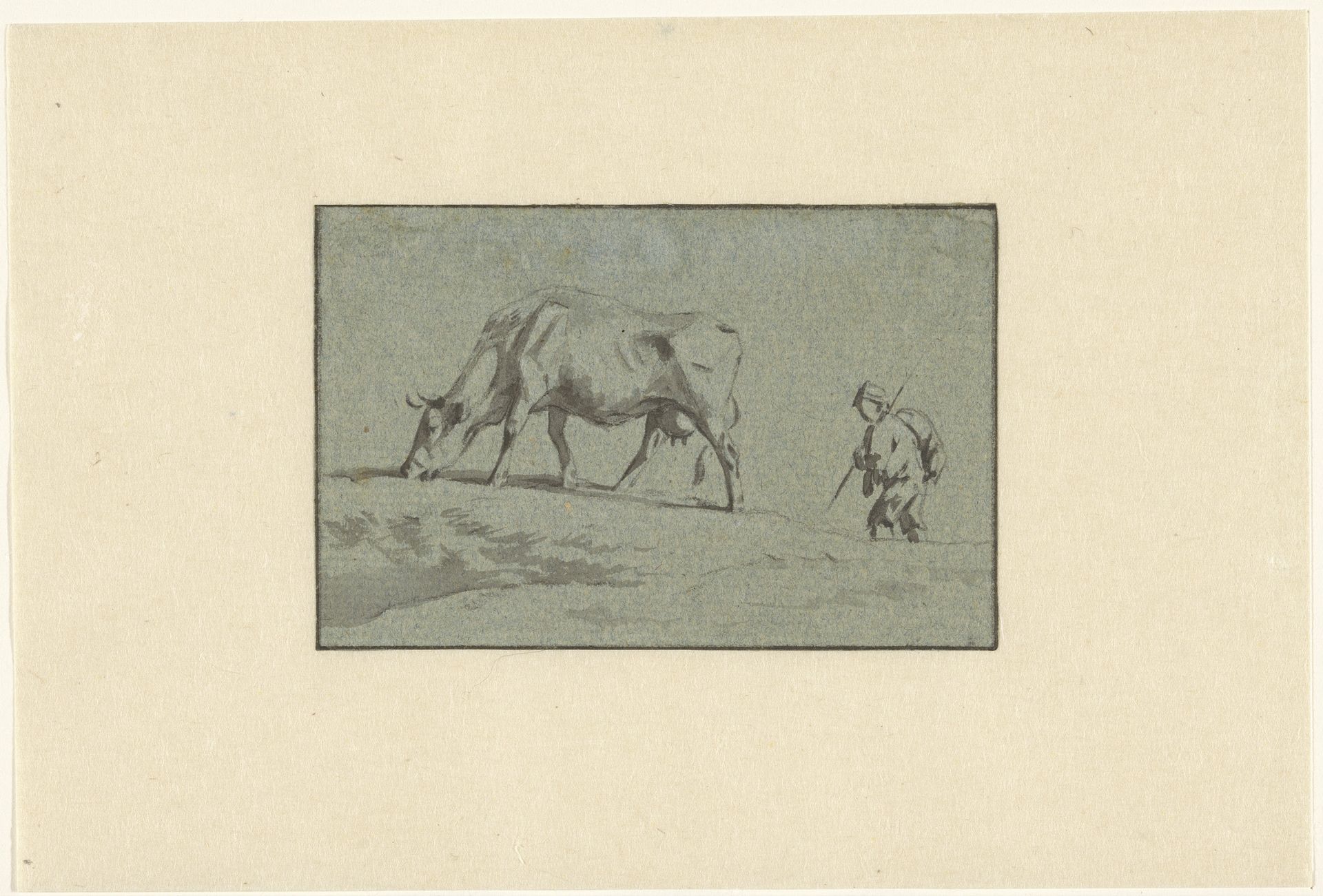 Grazende koe met herder by Wouter Johannes van Troostwijk