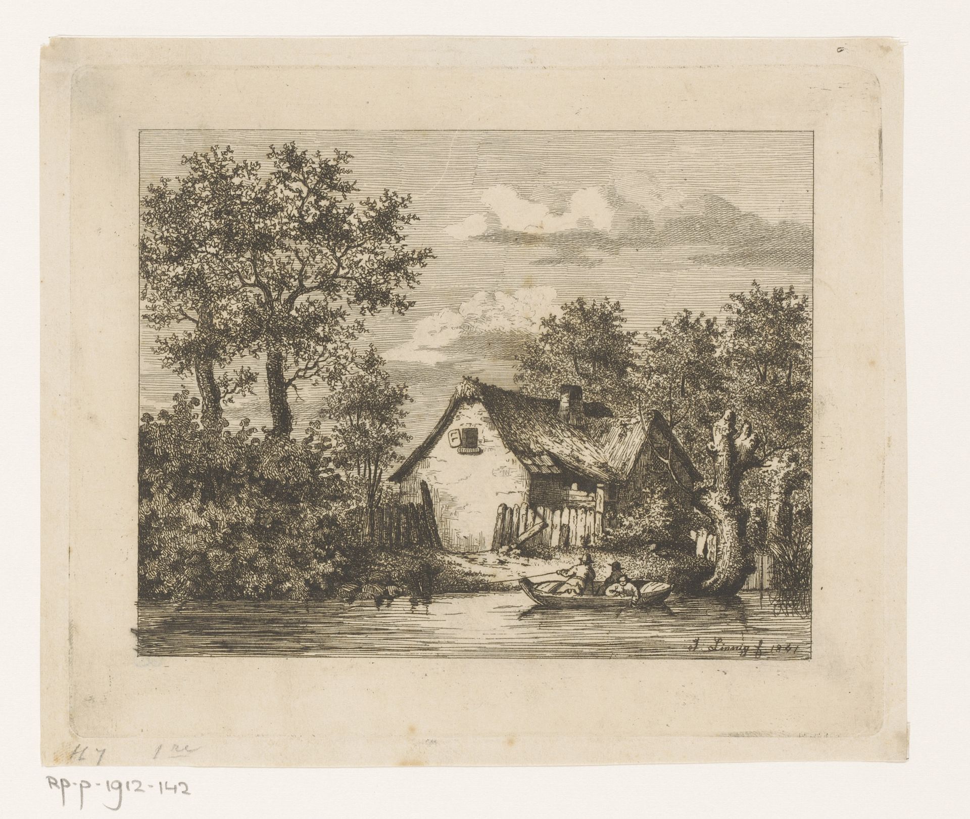 Roeiboot op een rivier voor een boerderij in Wetteren by Jean Théodore Joseph Linnig