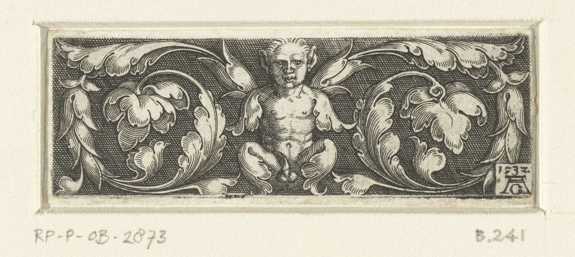 Fries met sater tussen twee bladranken by Heinrich Aldegrever
