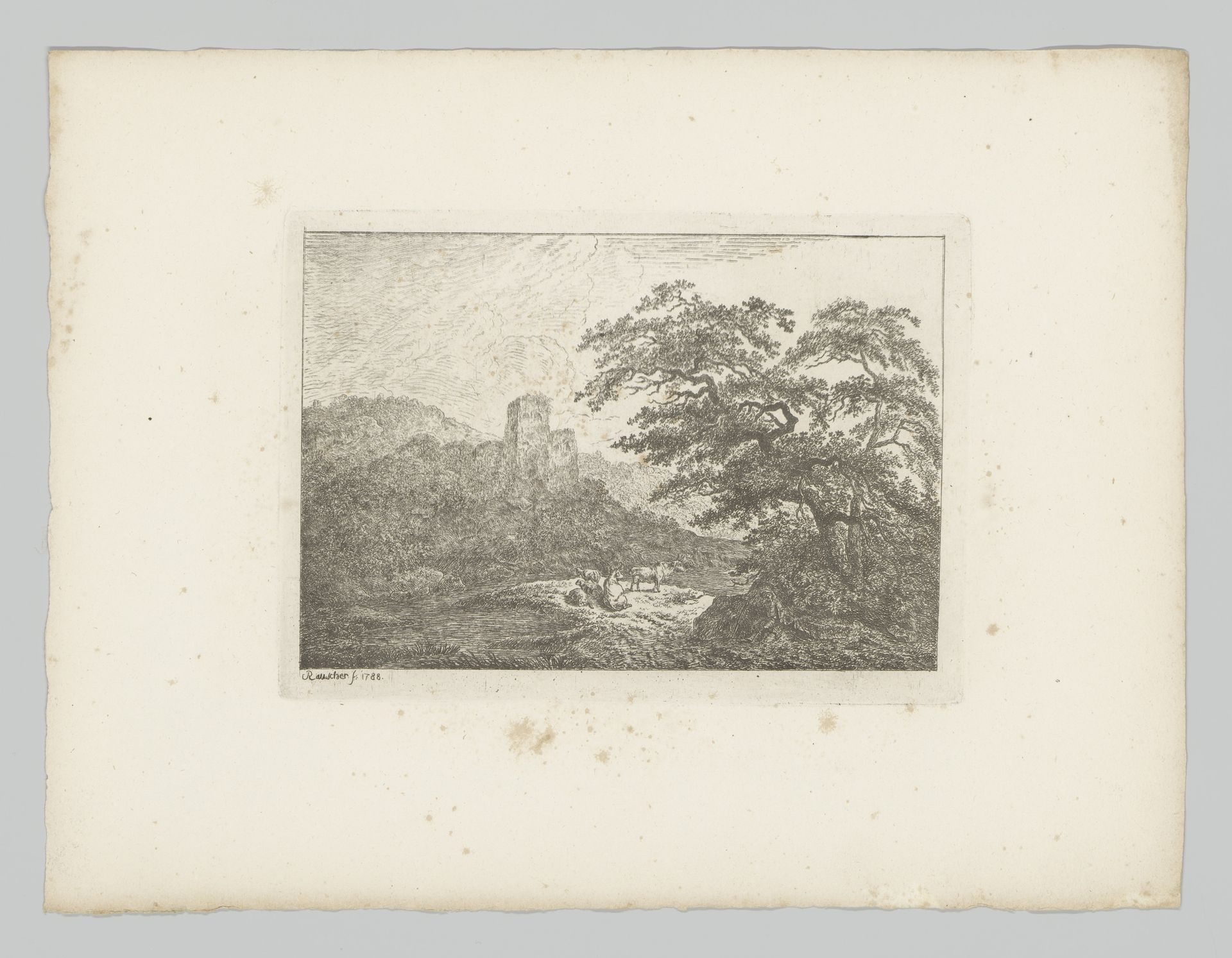 Heuvelachtig landschap met vee aan de oever van een rivier en aan de overkant twee torens by Friedrich Rauscher