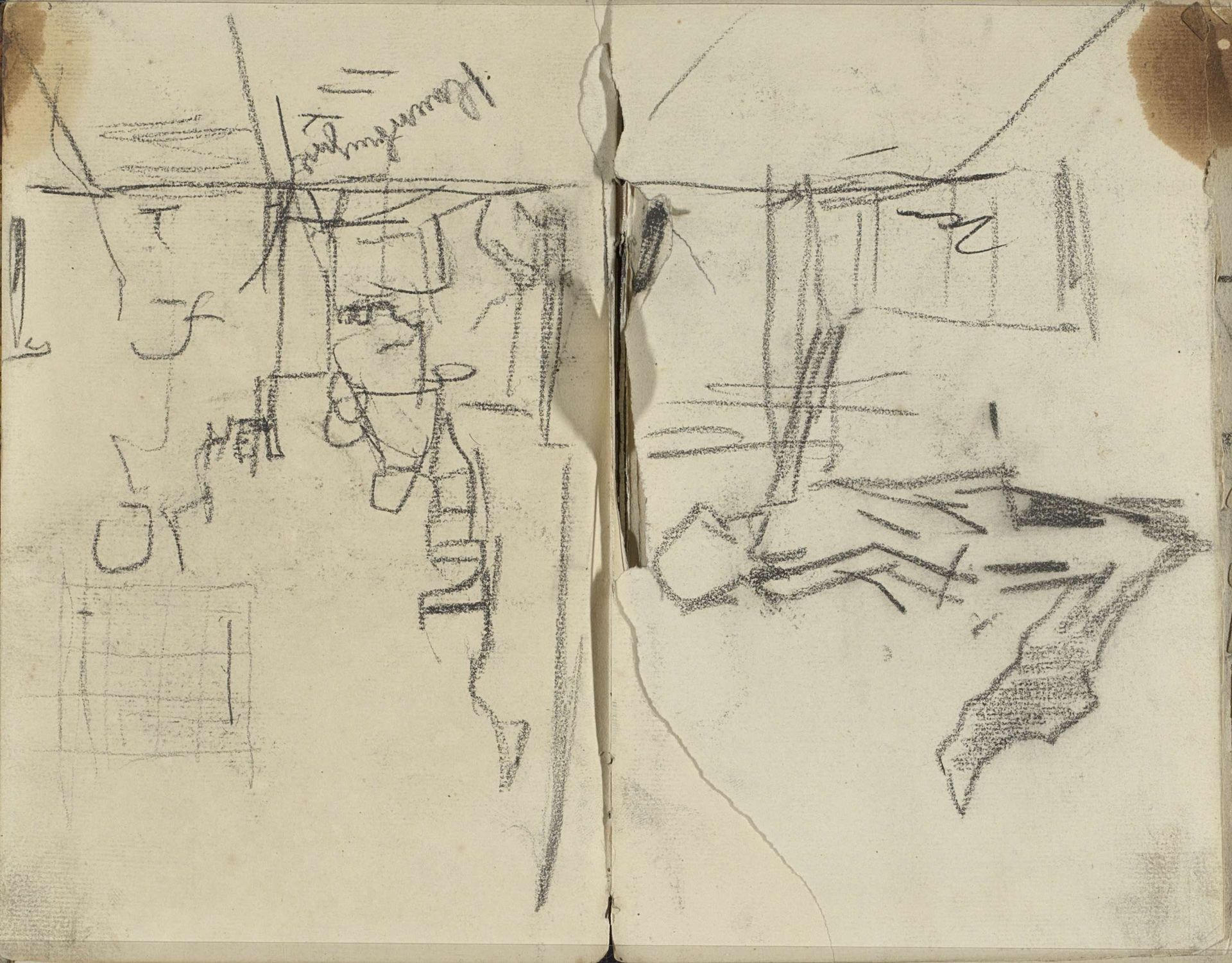 Gezicht op een straat nabij de Blauwbrug te Amsterdam en figuurstudies by George Hendrik Breitner