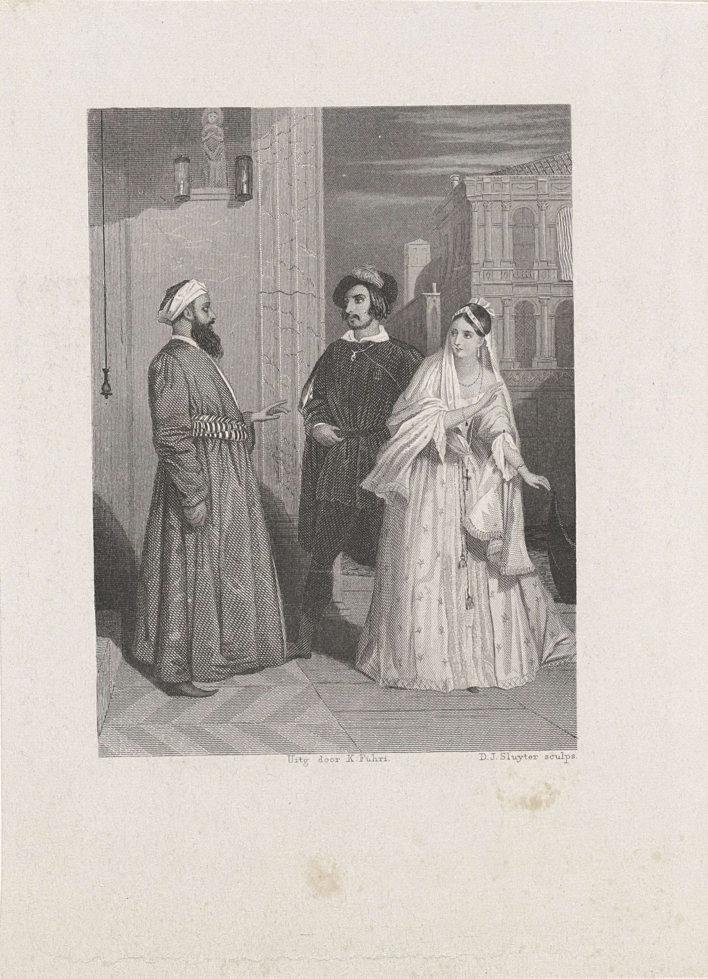 Stadsgezicht met Arabier en man met vrouw by Dirk Jurriaan Sluyter
