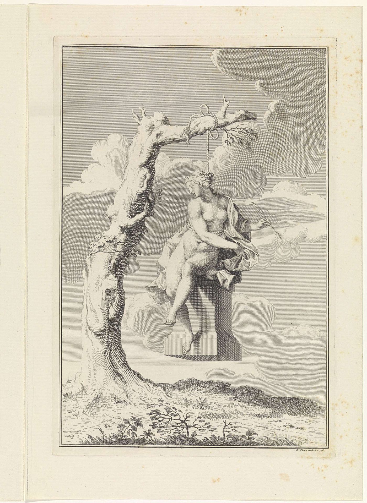 Standbeeld van een vrouw hangt aan een touw in een boom by Bernard Picart