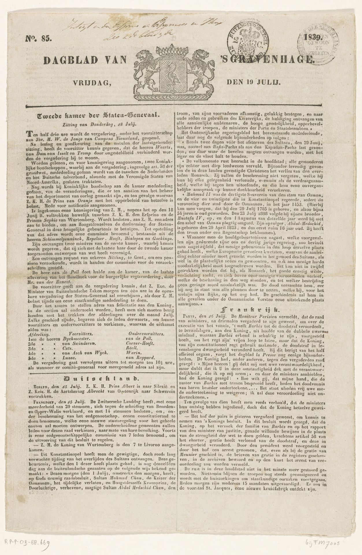 Dagblad van 's Gravenhage. Vrijdag, den 19 Julij. No. 85. 1839 by P.E. van Staden