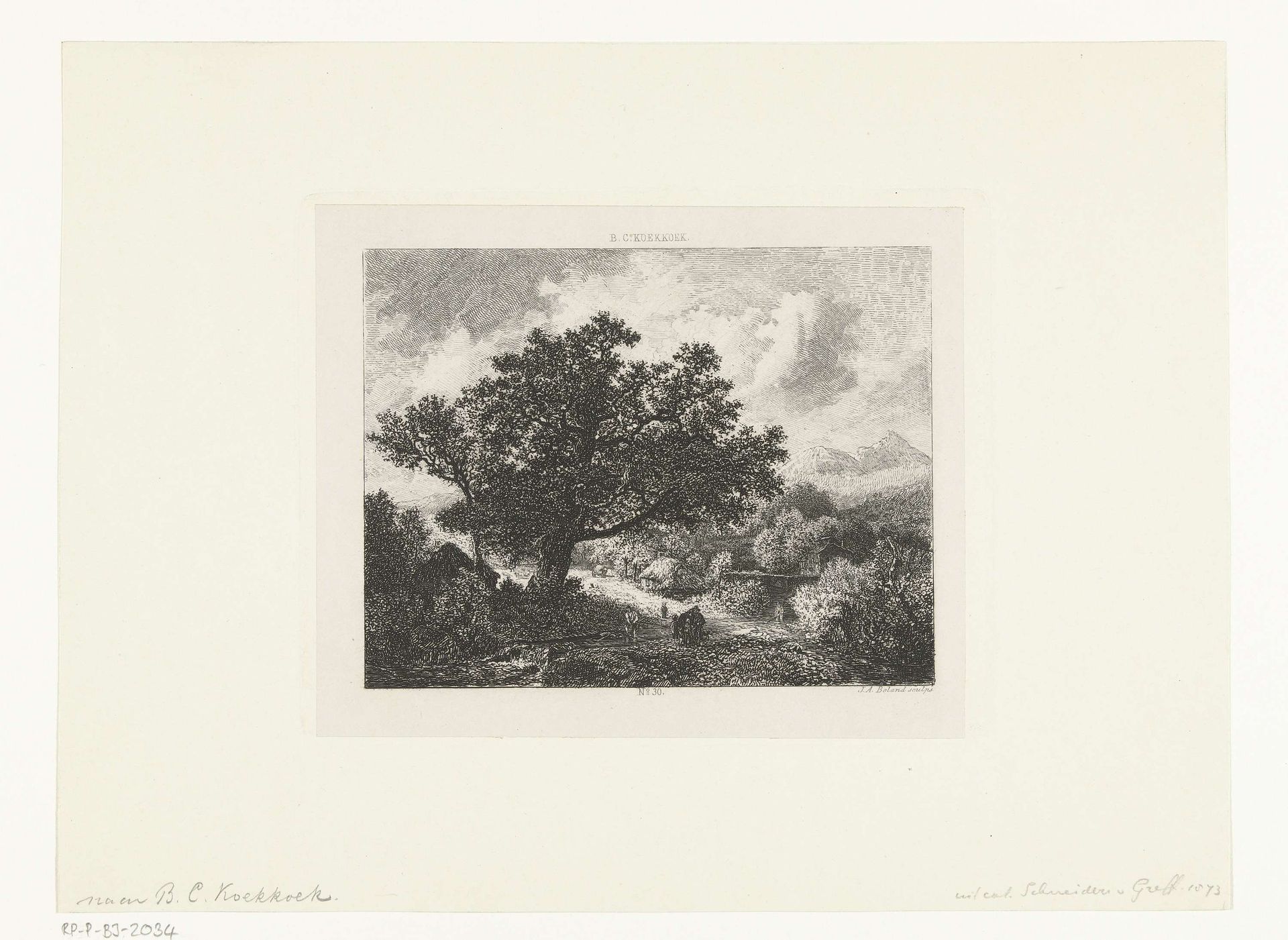 Landschap met een grote boom bij een beek by Johannes Arnoldus Boland