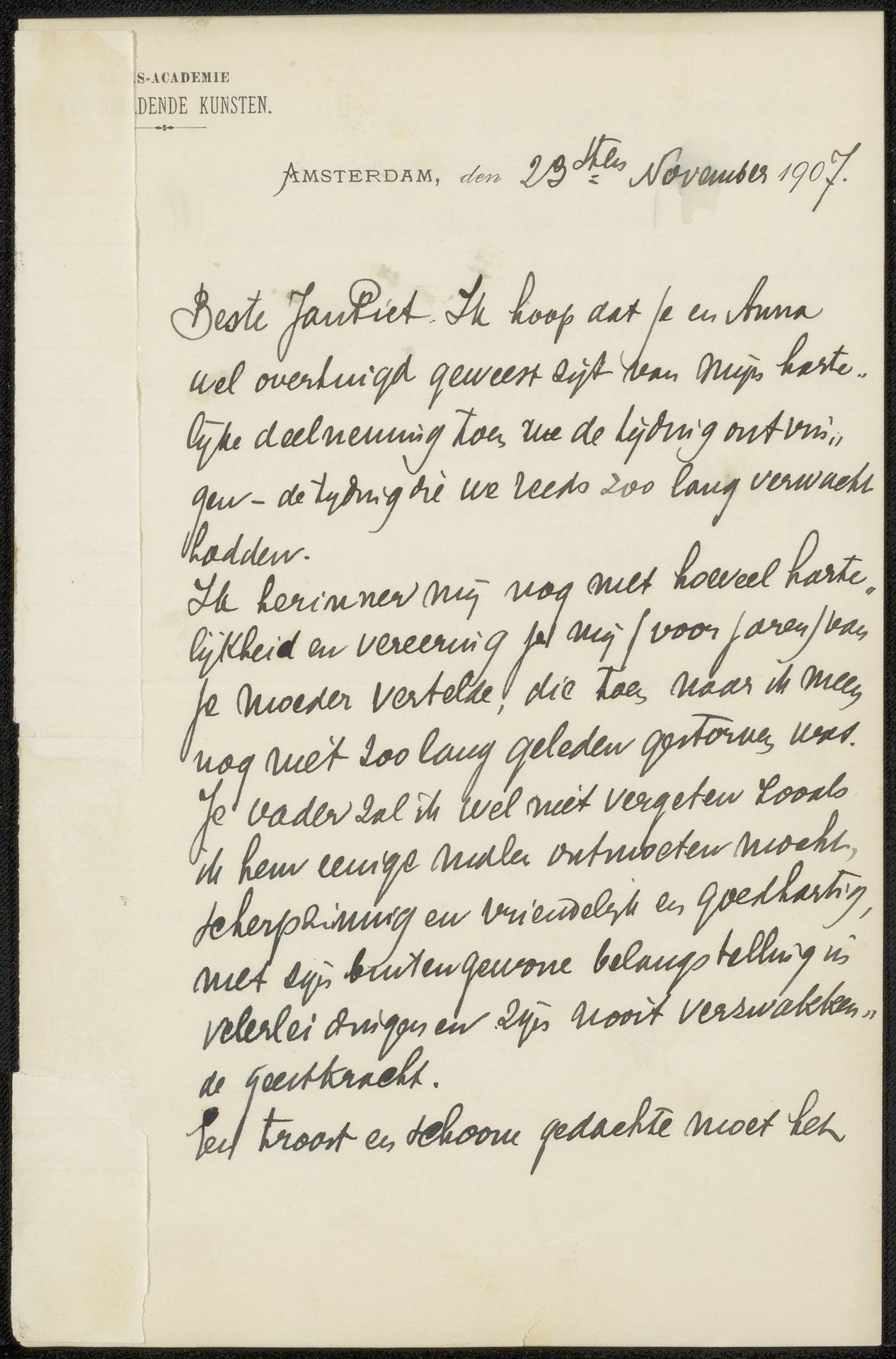 Brief aan Jan Veth by Rijksakademie van Beeldende Kunsten