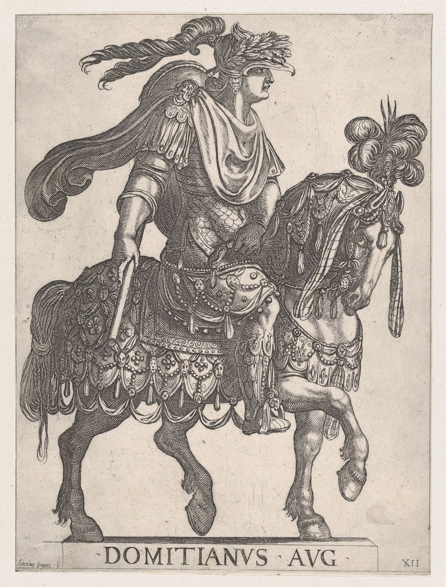 Plate 12: Emperor Domitian on horseback facing right from the 'First Twelve Emperors of Ancient Rome' by Antonio Tempesta