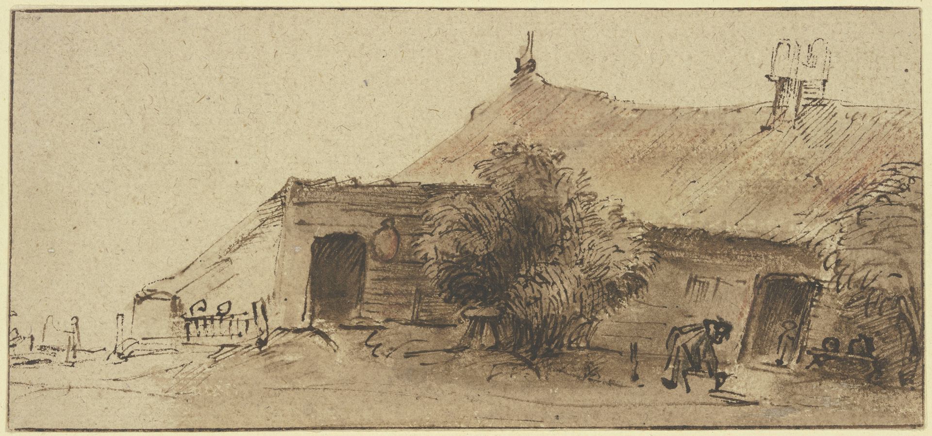 Bauernhaus, davor ein Baum und eine sich bückende Figur by Rembrandt van Rijn