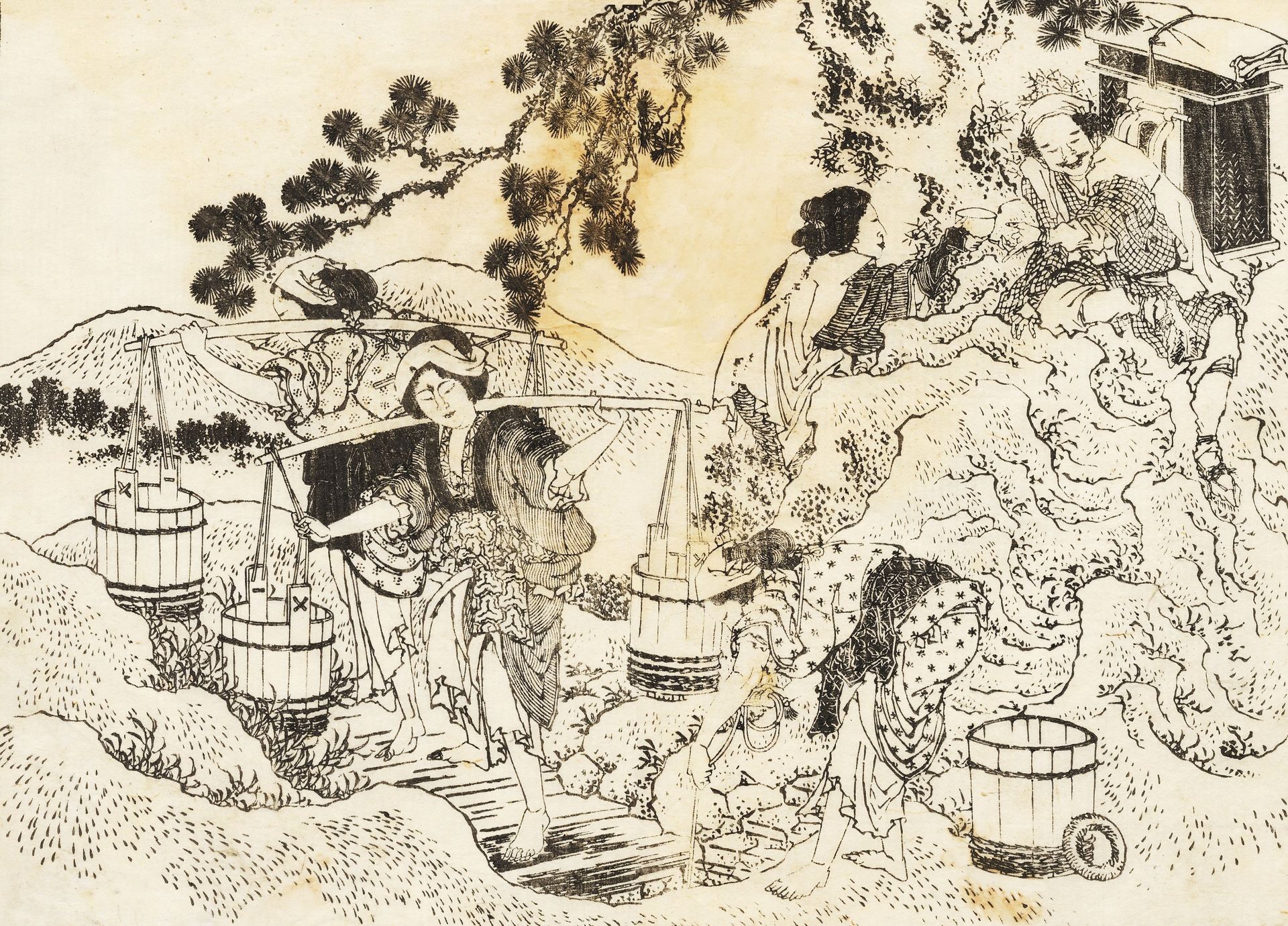 Four women working very hard and carrying vats of water by Katsushika Hokusai