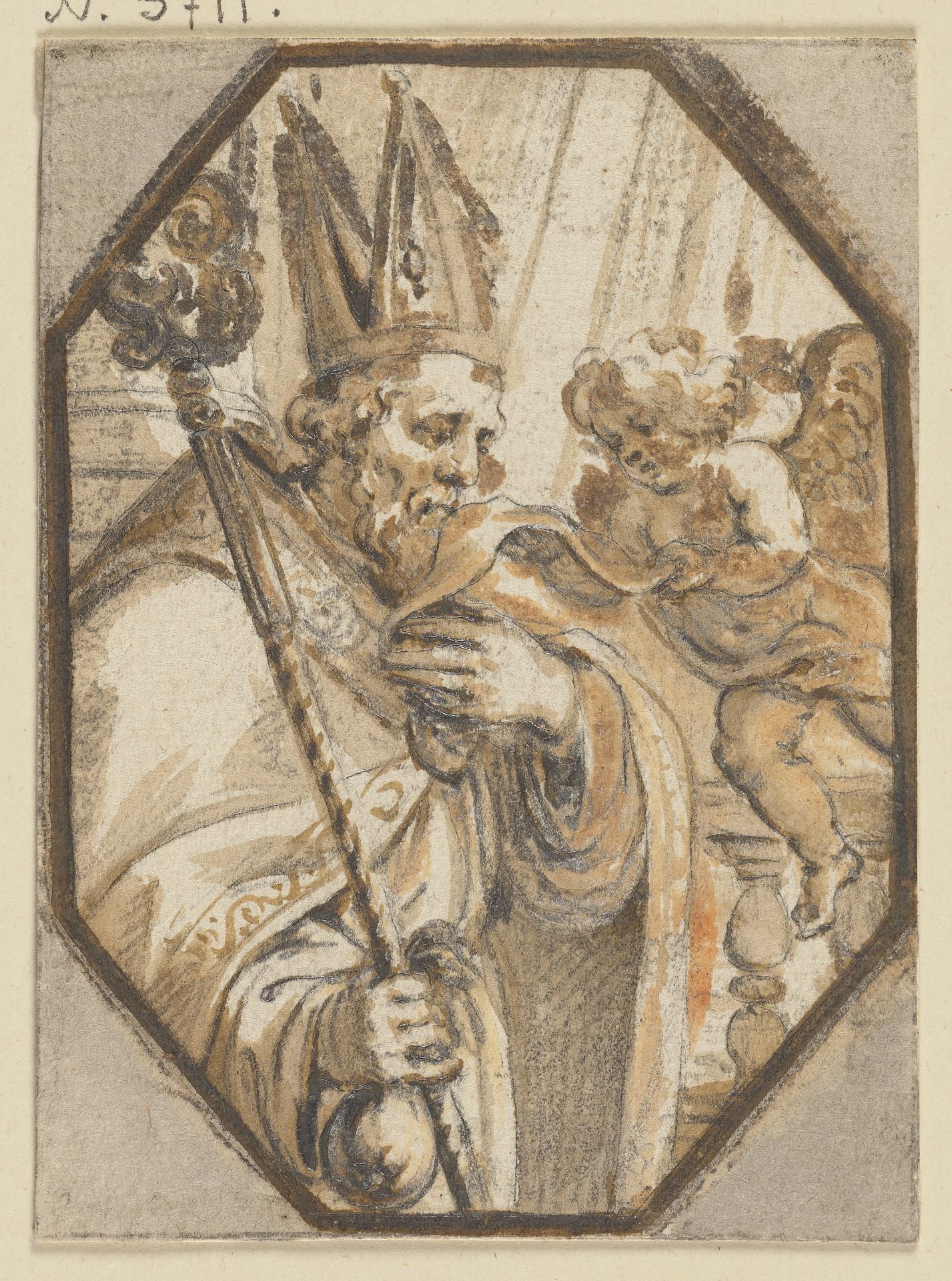 Ein Engel bringt einem Bischof die Windeln Christi by Abraham van Diepenbeeck