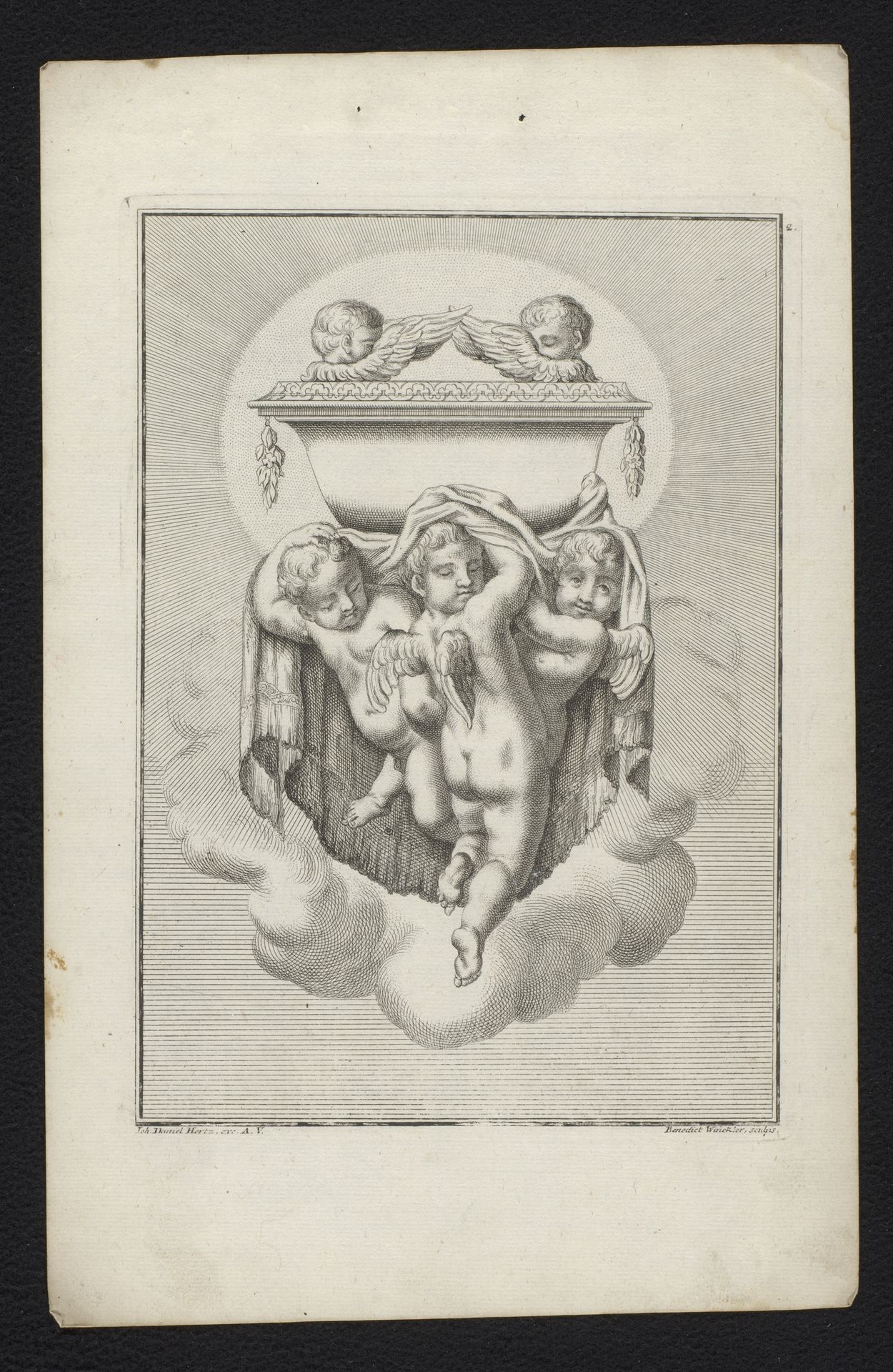 Drie putti dragen een vaas by Benedikt Winkler