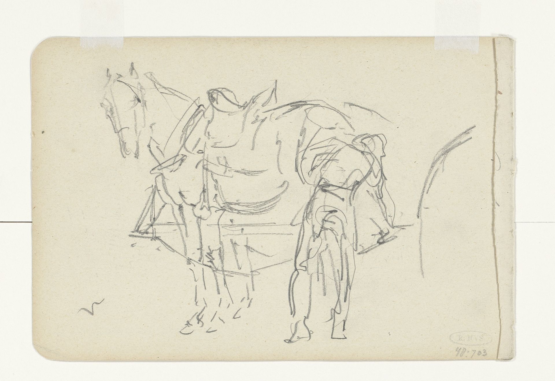 Man bij aangelijnd paard by Jan Hoynck van Papendrecht