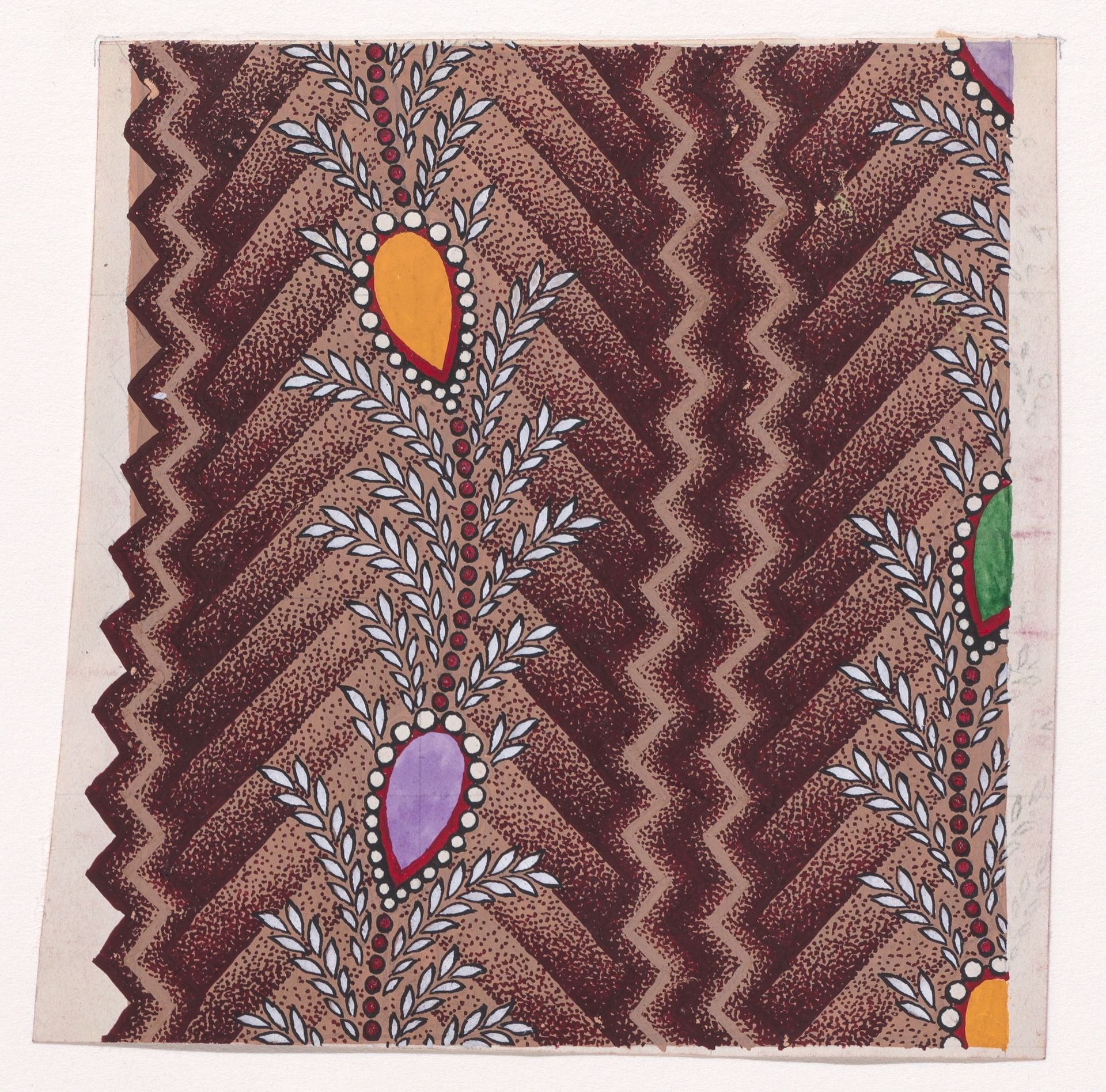 Textile Design with Vertical Undulating Garlands of Pearls and Inverted Teardrops Framed with Pearls with Offsetting Wheat Ears Separated by a Vertical Zig-Zagging Ribbon over a Chevron Background by Anonymous