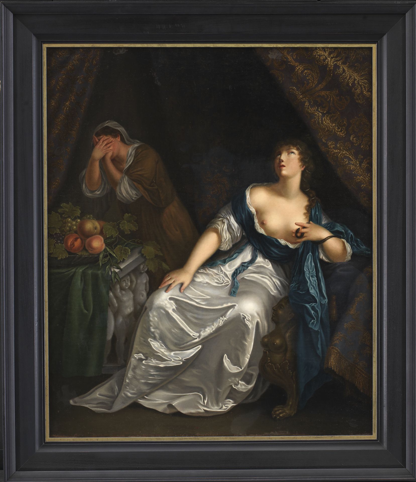 The Death of Cleopatra. Laterally reversed copy after Caspar Netscher in the Staatliche Kunsthalle in Karlsruhe by Julie Lütken