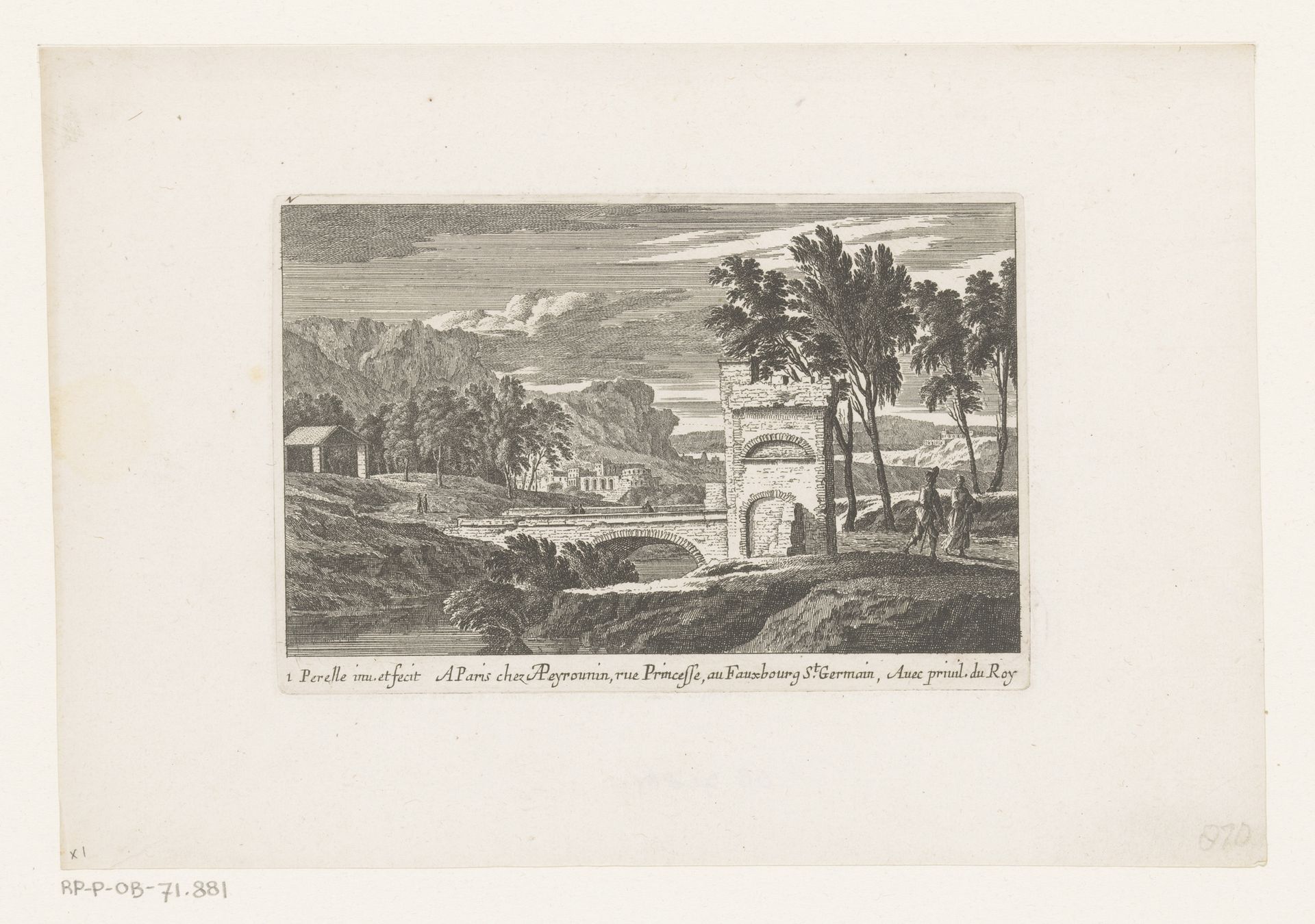 Landschap met wandelaars bij stenen brug by Nicolas Perelle