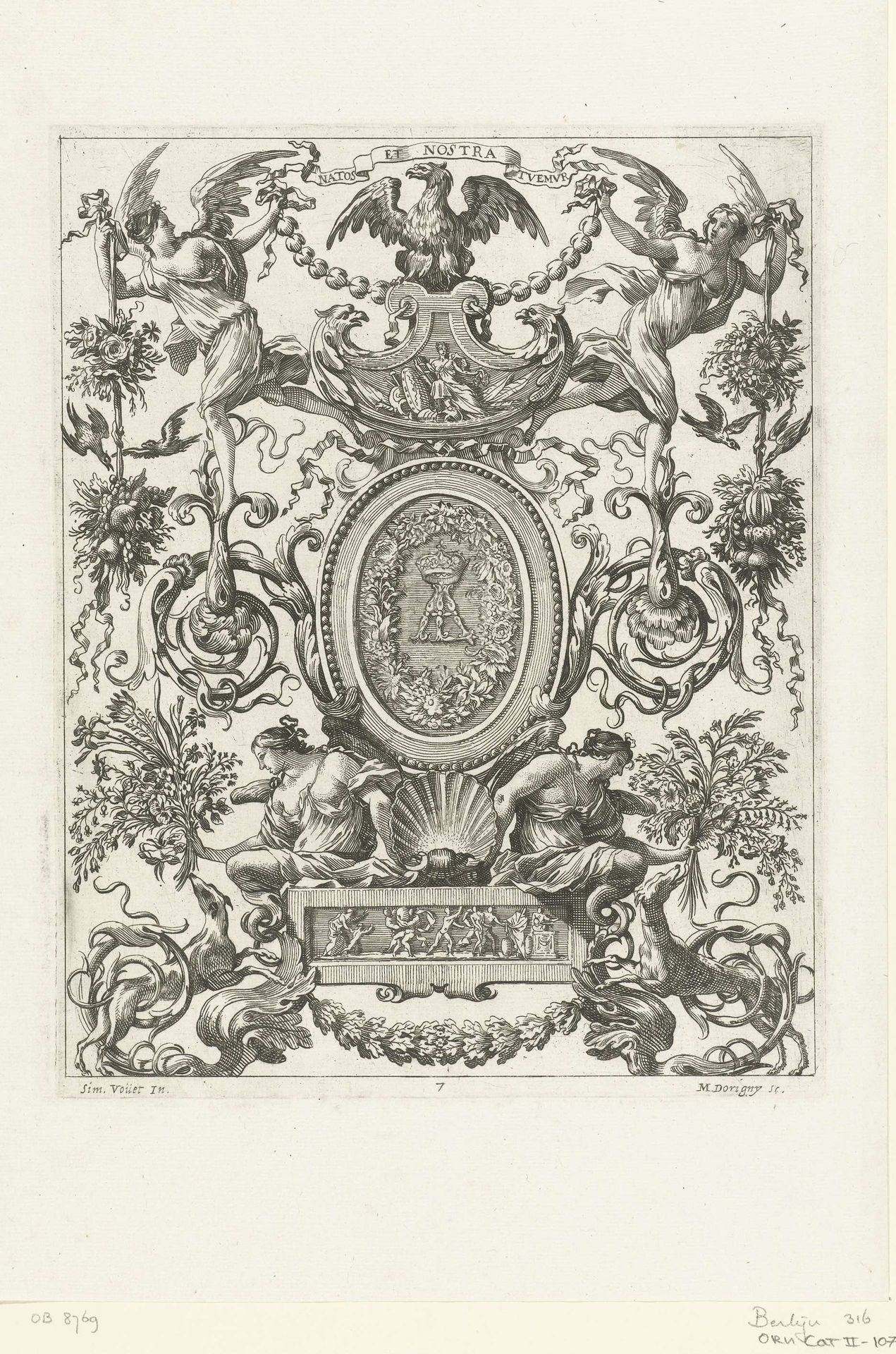 Muurpaneel met twee nimfen onder ovale lijst by Michel Dorigny