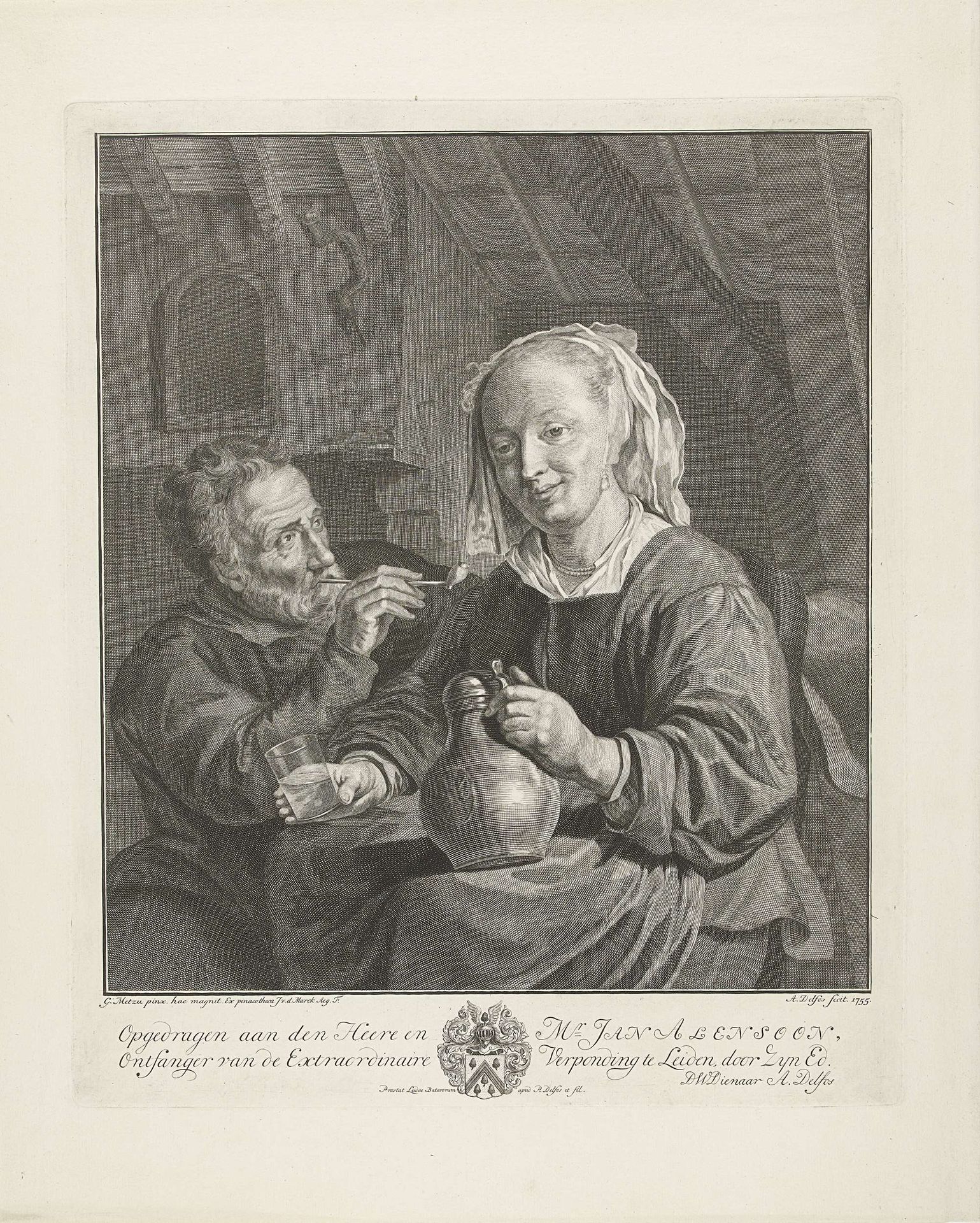 Drinkende vrouw en rokende man by Abraham Delfos