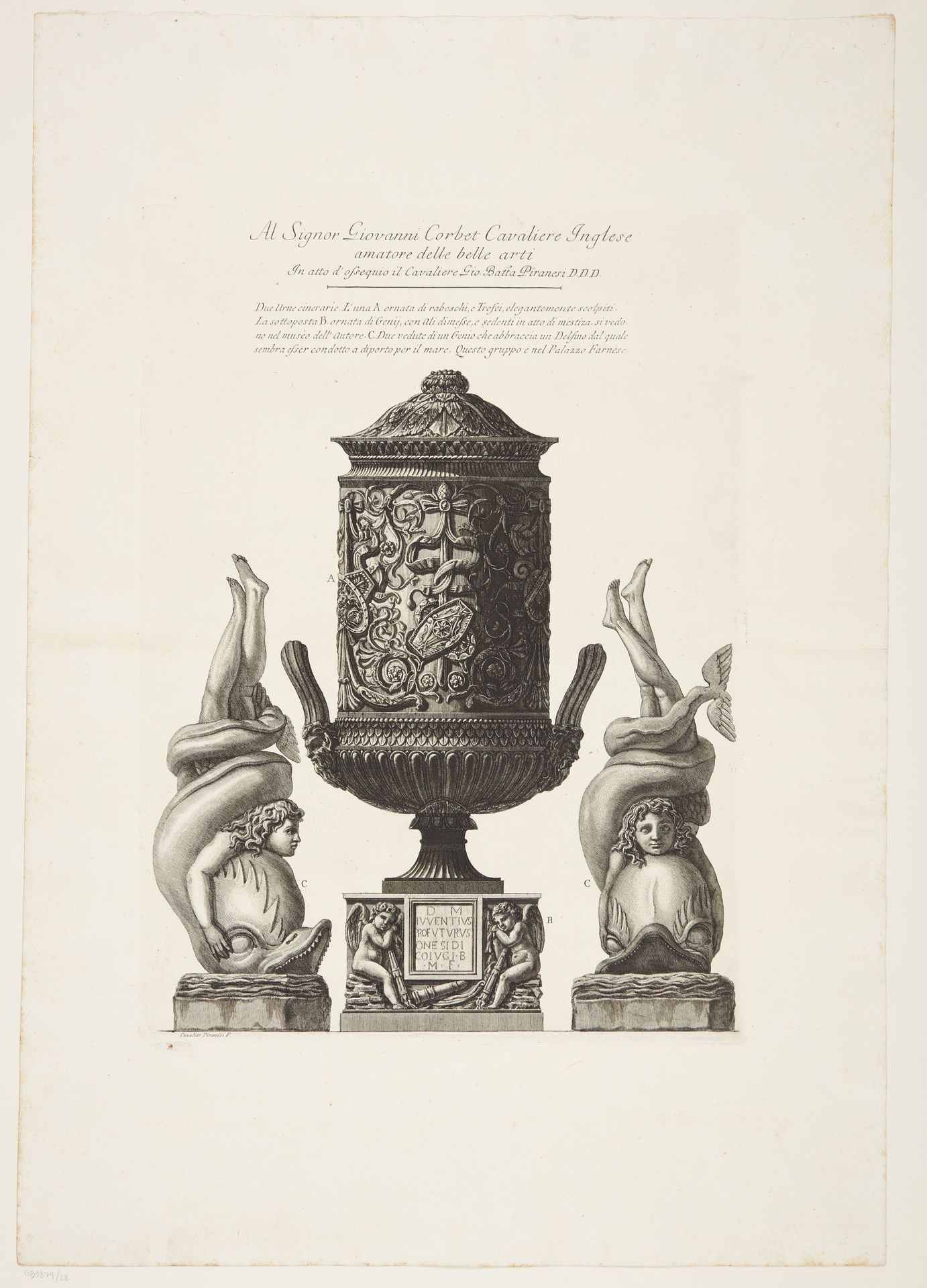Two cinerary urns, one of them with trophies and arabesques resting on the other with torches, both flanked by two views of a small group of a boy with a dolphin by Giovanni Battista Piranesi