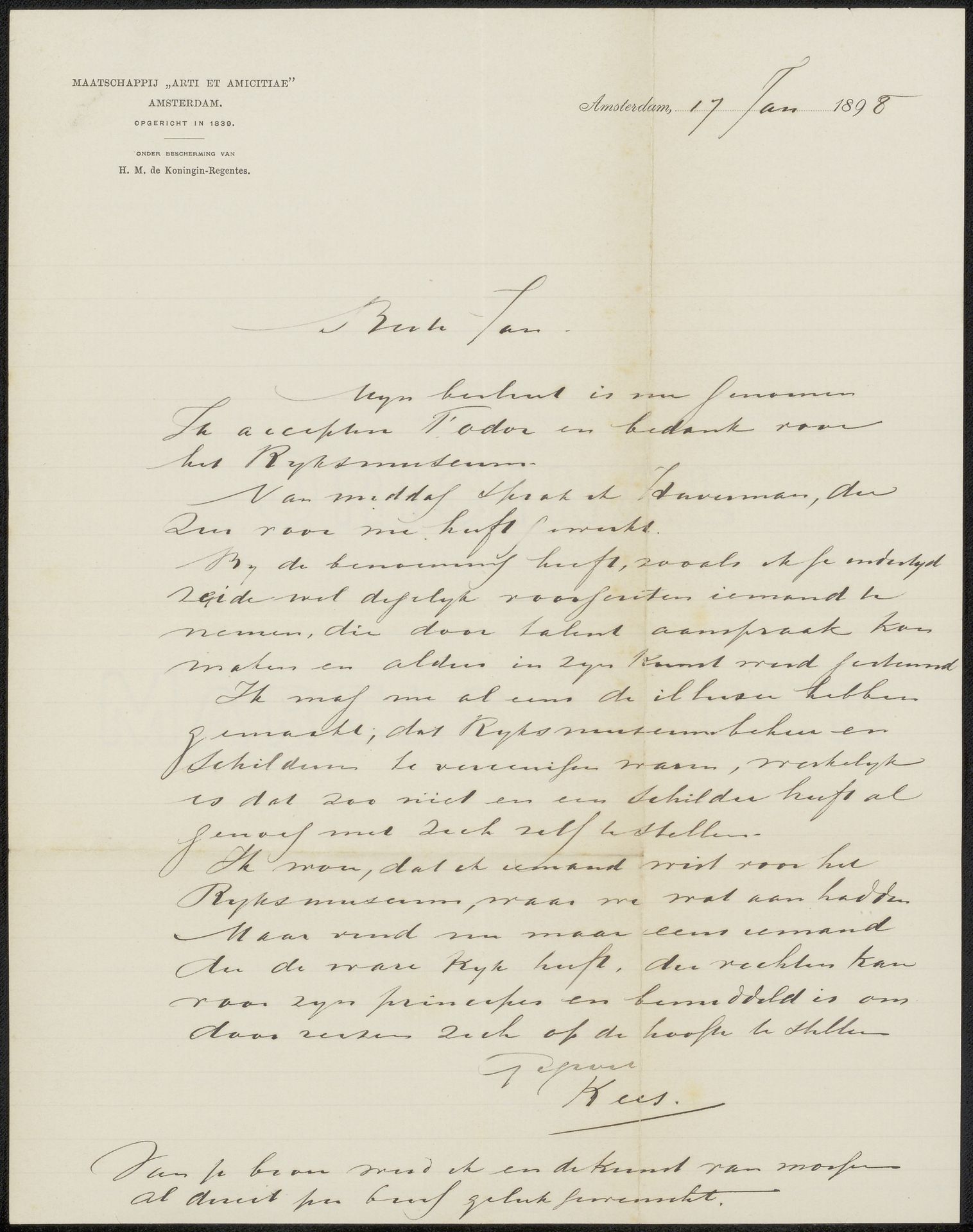 Brief aan Jan Veth by Cornelis Gerardus 't (1791-1871) Hooft