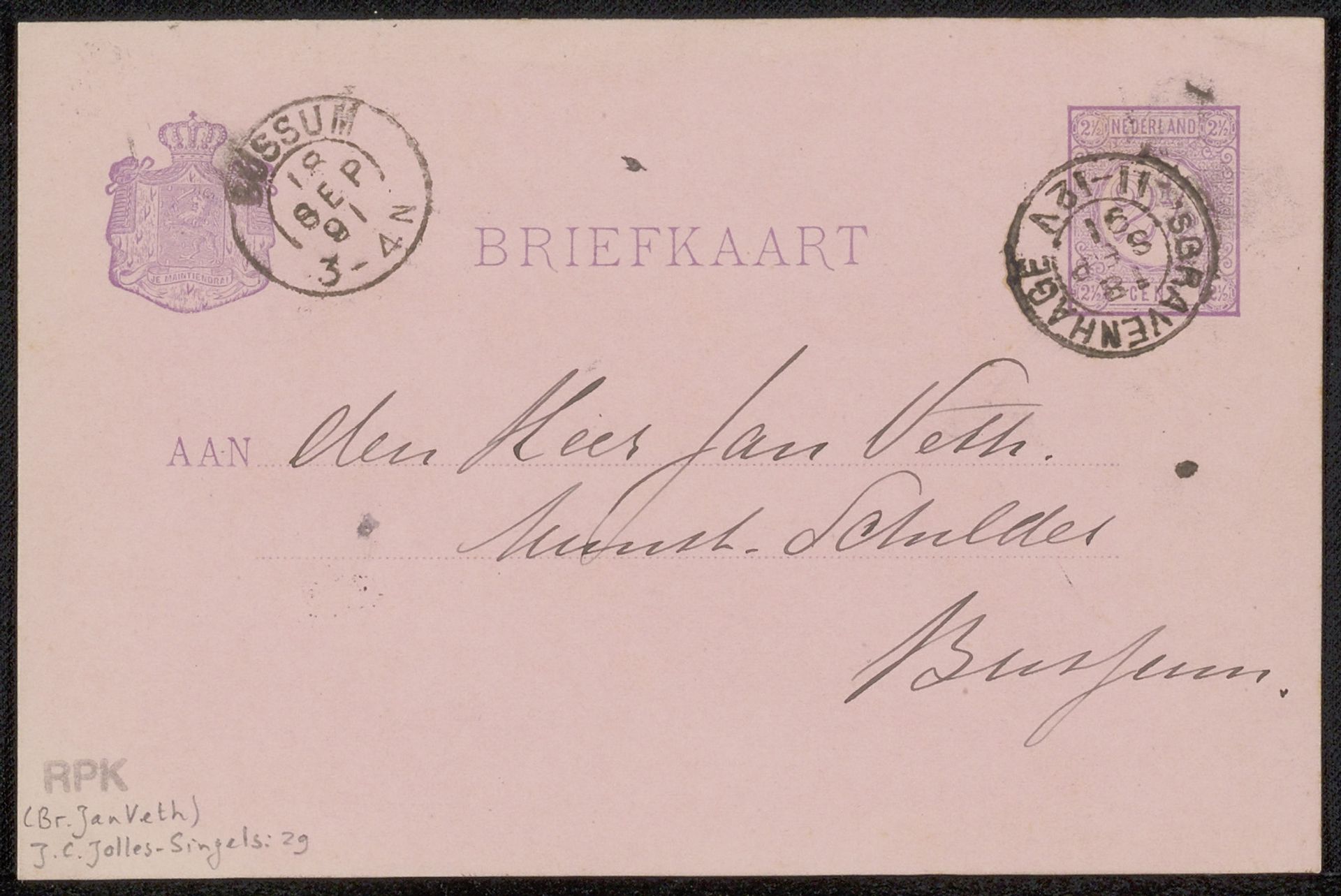 Briefkaart aan Jan Veth by Jacoba Cornelia Jolles-Singels