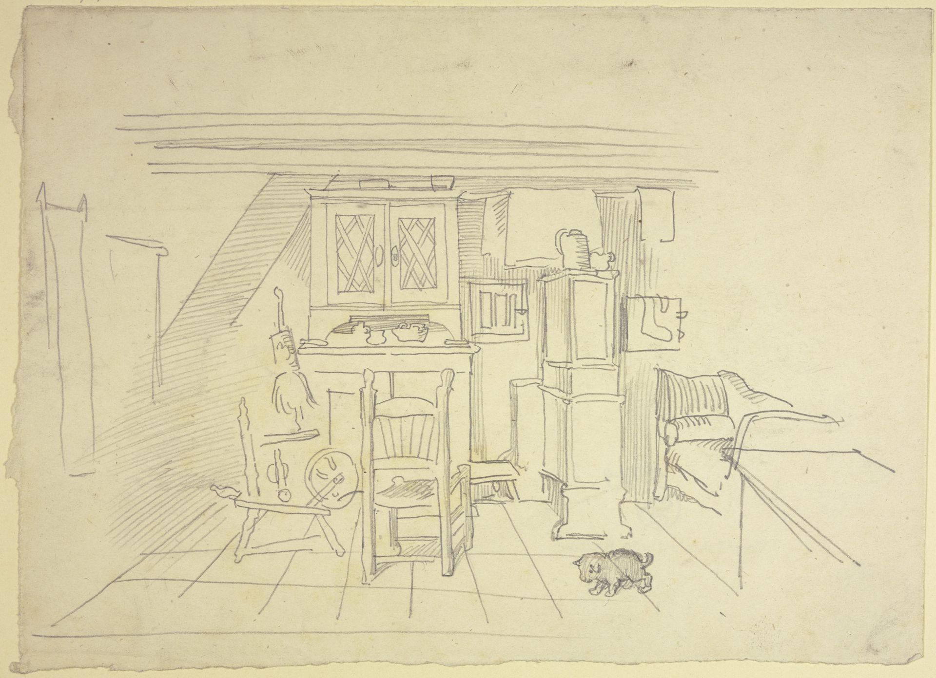 Stube mit Spinnrad und kleinem Hund by Wilhelm Busch
