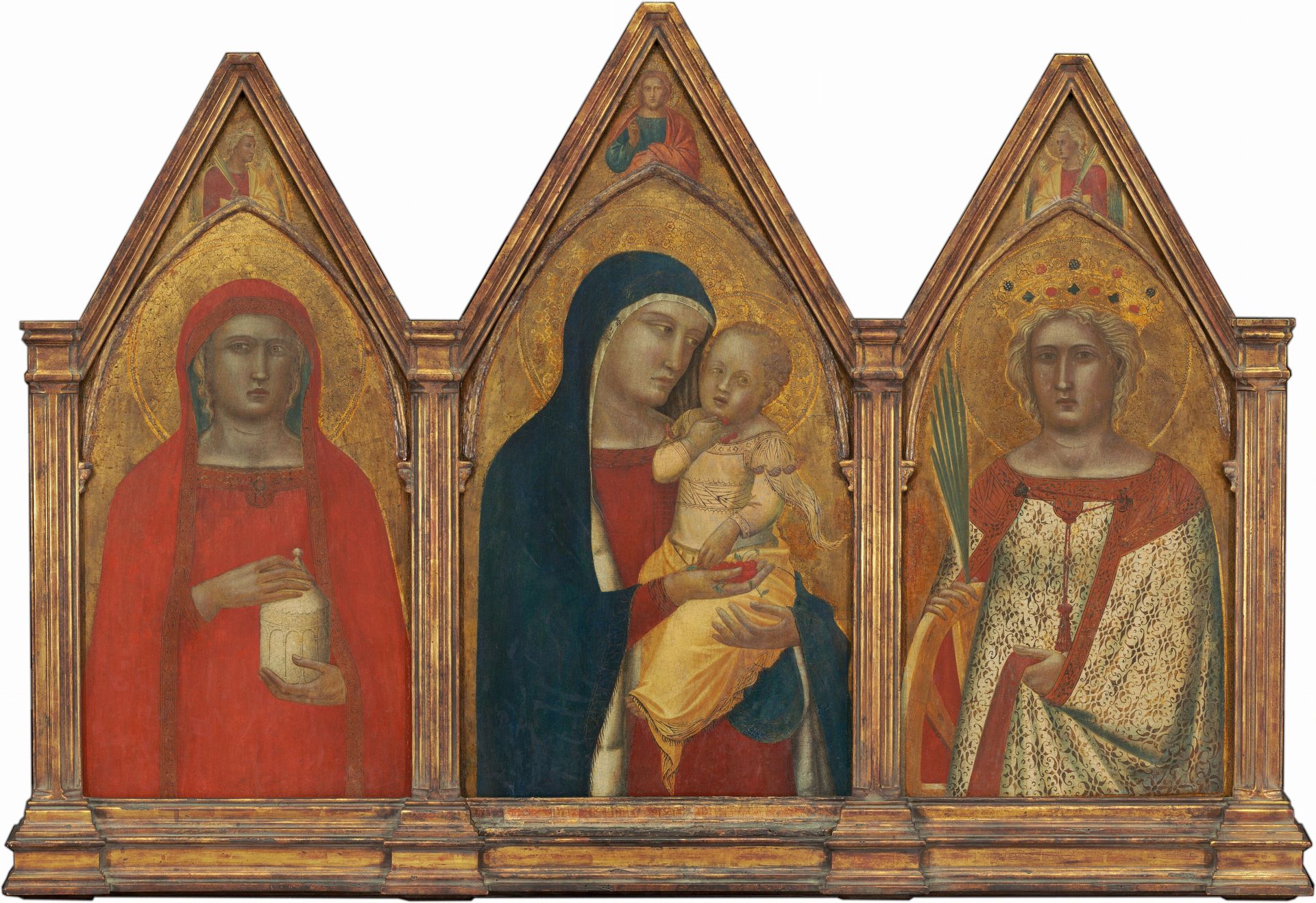 Madonna and Child with the Blessing Christ, and Saints Mary Magdalene and Catherine of Alexandria with Angels [entire triptych] by Pietro Lorenzetti