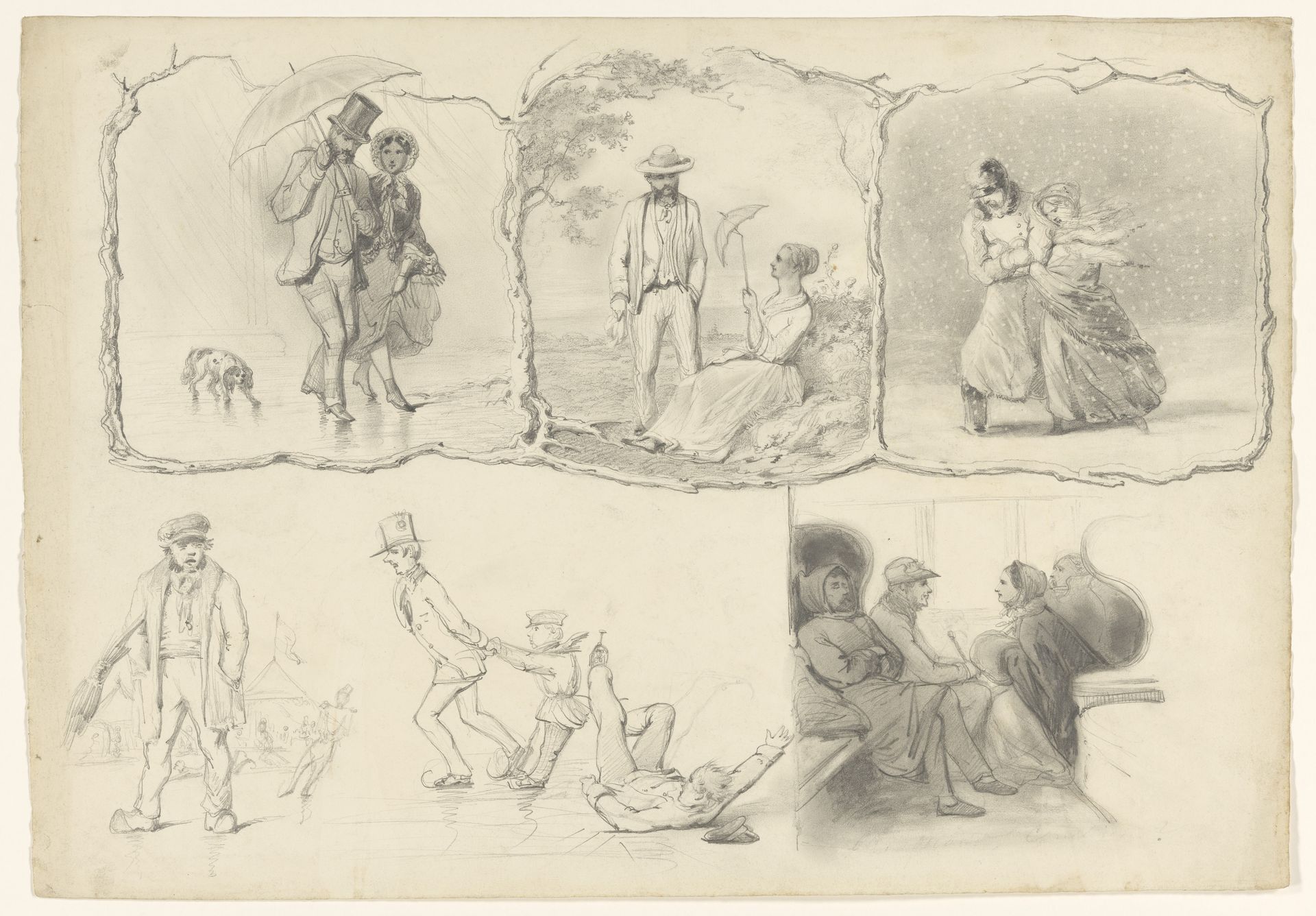 Schetsblad met diverse studies, onder andere van ijspret by August Allebé