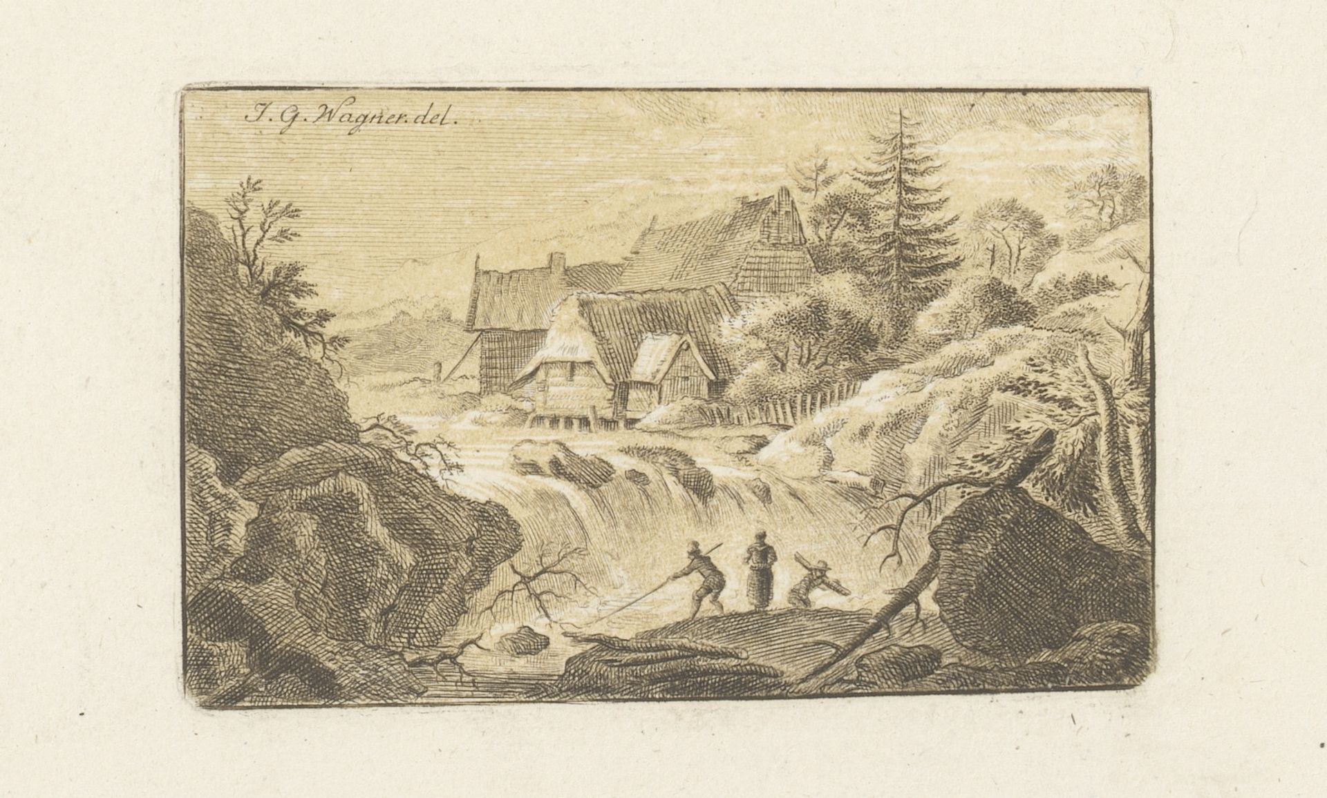 Landschap met huizen achter een waterval by Carl Friedrich Holtzmann