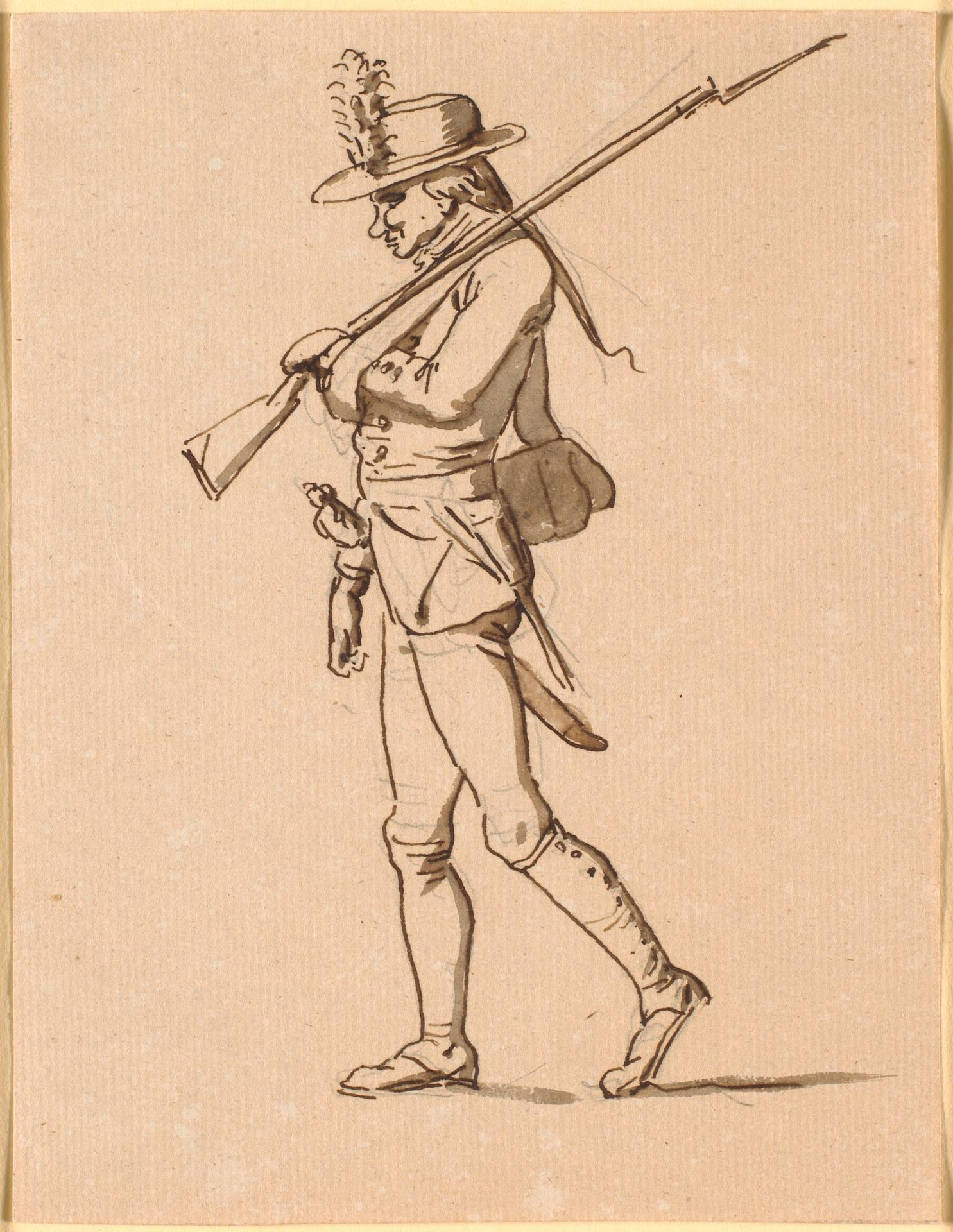 Karikatur af en soldat i profil til venstre. Hans venstre arm ligger i bind, men bærer dog et gevær. by Nicolai Abildgaard