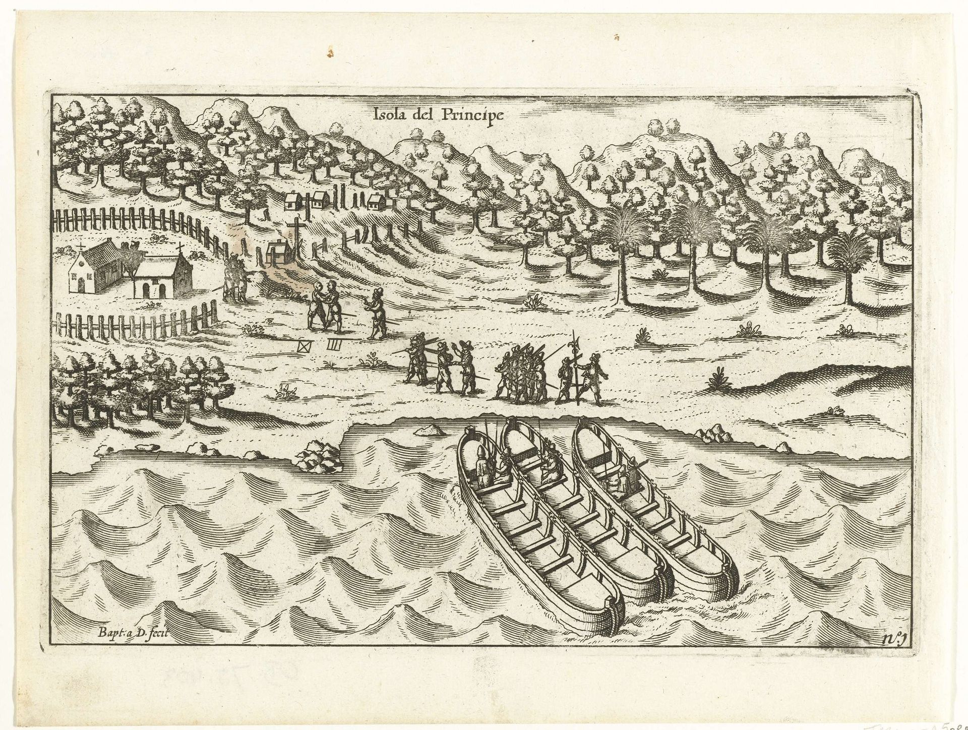 Landing op het eiland Principe, 1598 by Baptista van Doetechum