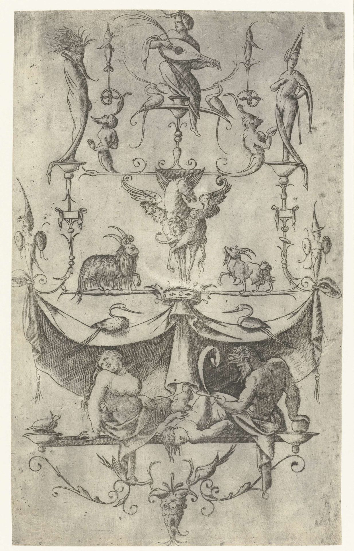 Ornament paneel met kind liggend tussen jonge vrouw en oude man en fantasie dieren en figuren by Giovanni Antonio da Brescia