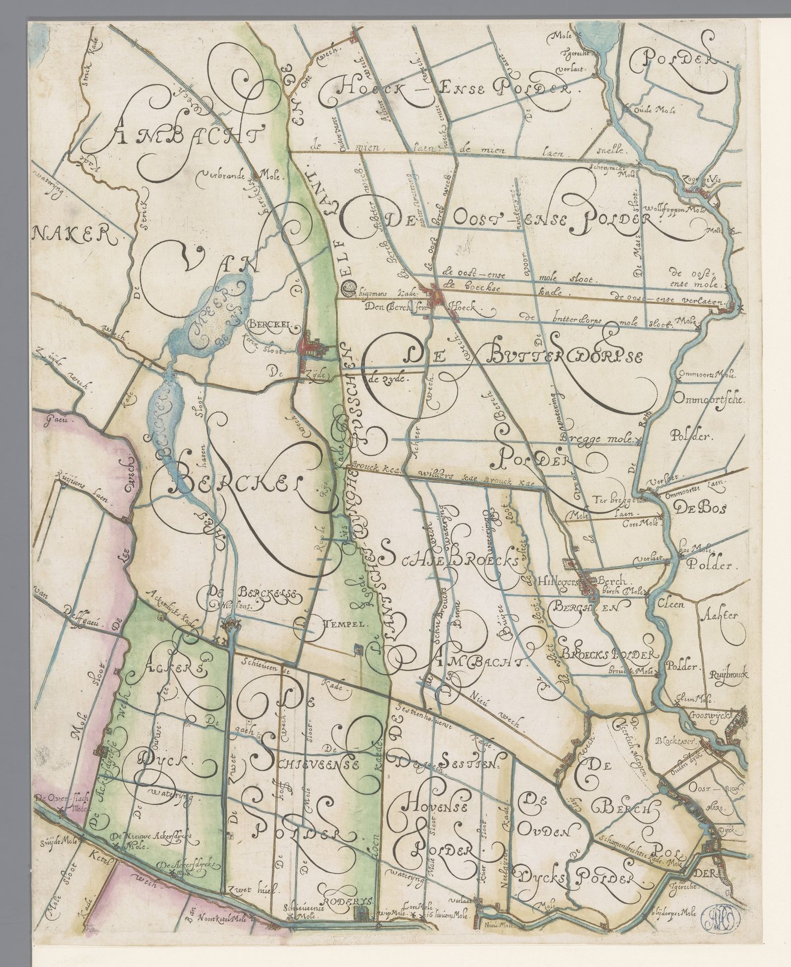 Kaart van het Hoogheemraadschap van Delfland, met Berkel en Rodenrijs, deel midden rechts by Floris Balthasarsz van Berckenrode