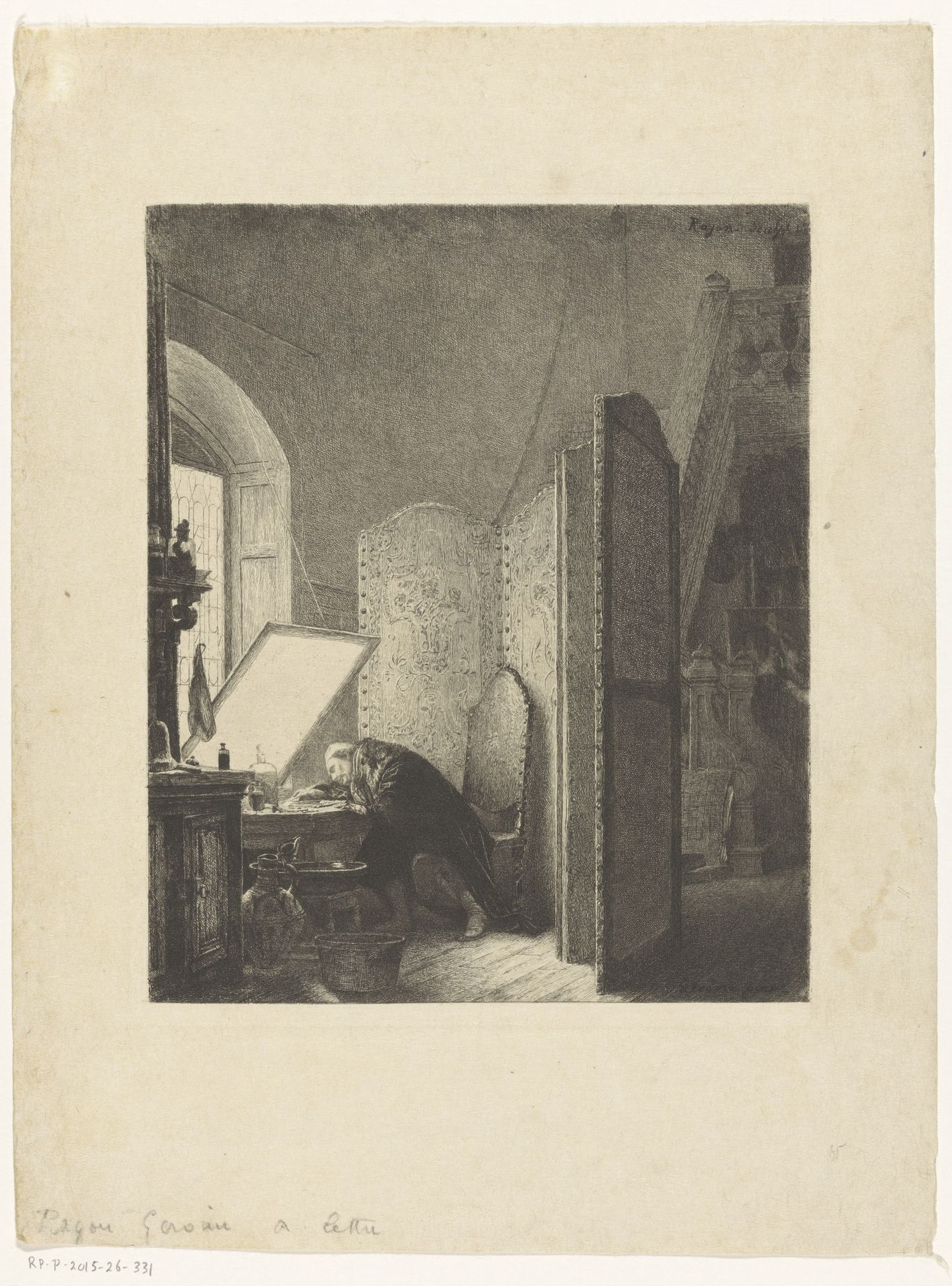 Rembrandt etsend in zijn atelier by Paul Adolphe Rajon